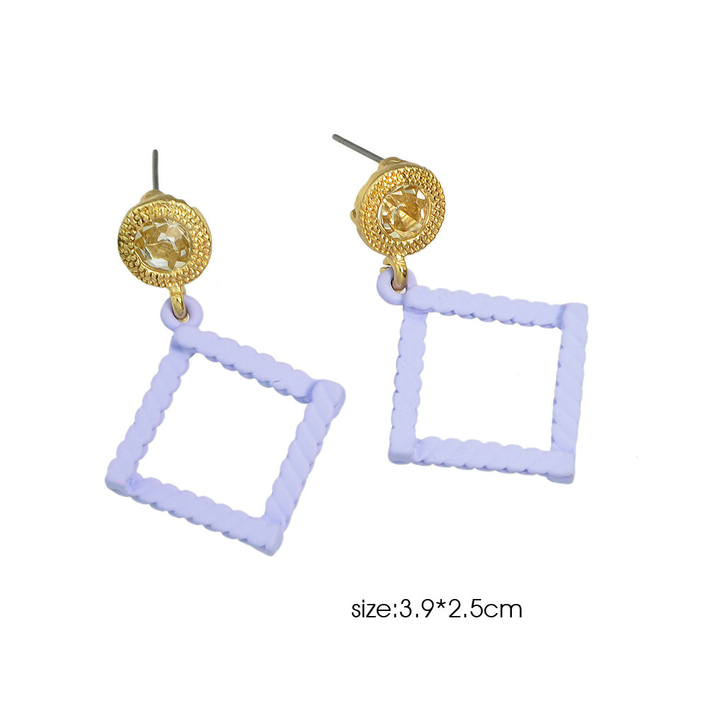 Candy Color Square Charm Dangle Rhinestone Decor Geometric Pendant Stud Earrings