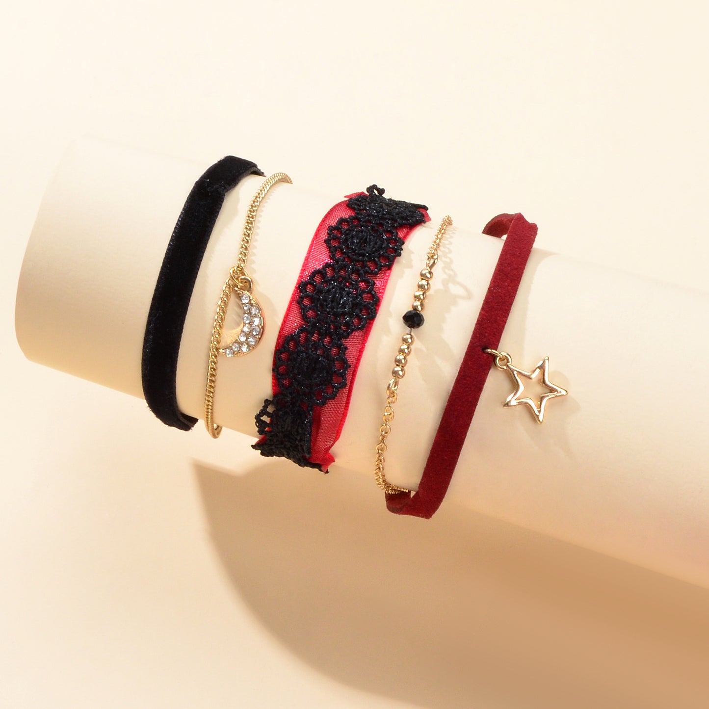 3pcs Boho Chic Black Winered Velvet Star Moon Double layer Chain Bracelets set
