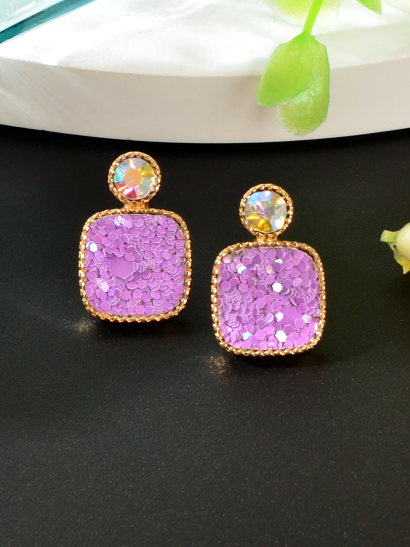 Colorful Square Glitter Sparkle Stud Earrings - Trendy Fashion Jewelry Accessory