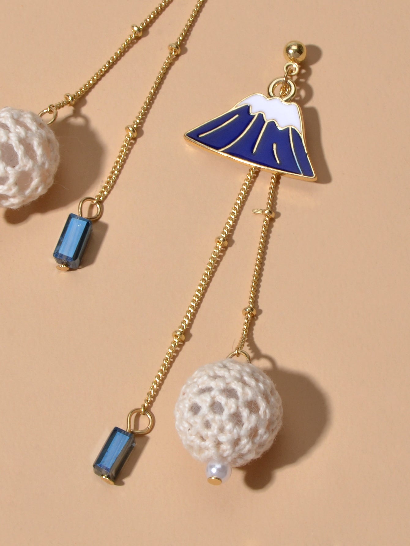 Creative Asymmetric Design Gold Chain Ball White Blue Cloud Mountain Earrings