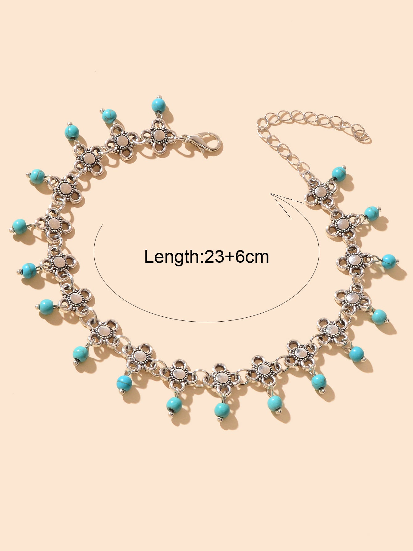 Ethnic Boho Chic Antique Silver Flower Turquoise Charm Beach Anklet Foot Jewelry