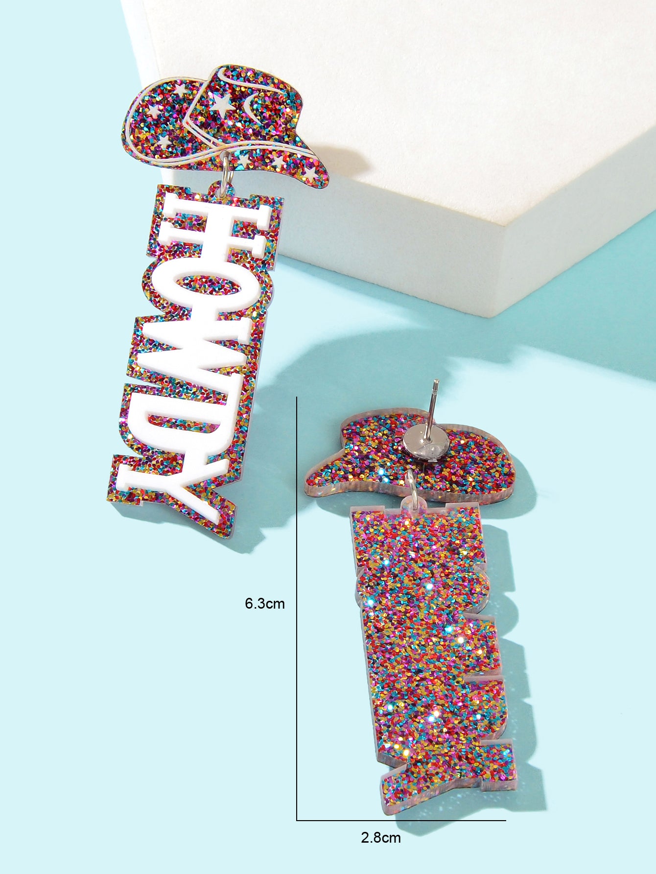 Designer Stylish Colorful Sequin Cowboy Hat Howdy Letter Acrylic Dangle Earrings