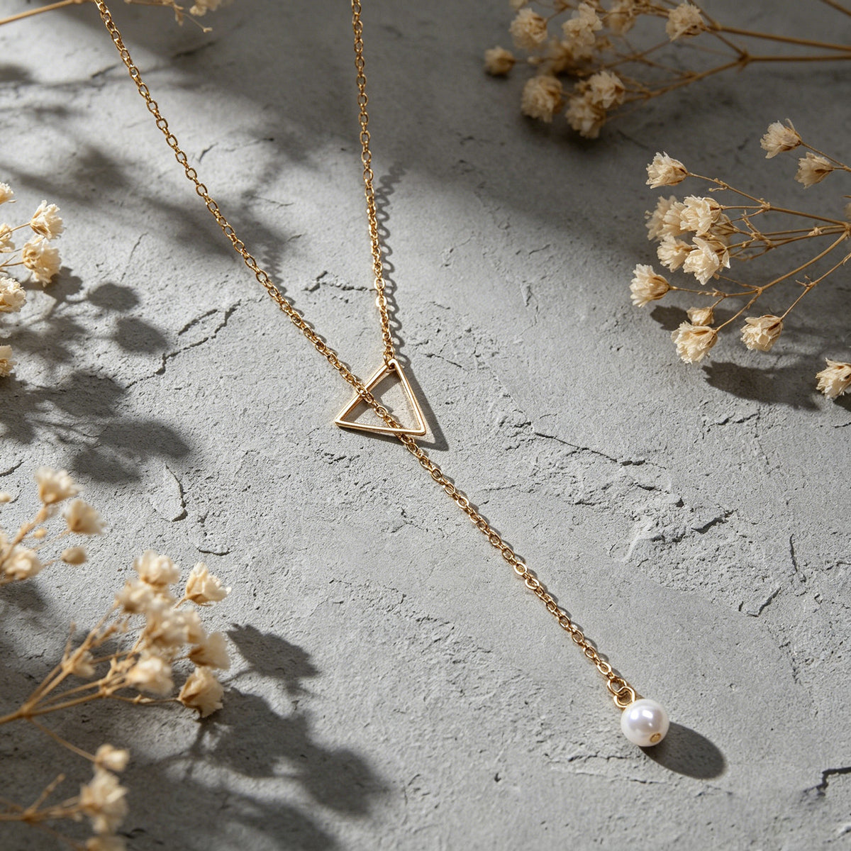 Minimalist Jewellery Pearl Long Gold Chain Triangle Y Lariat Pendant Necklace
