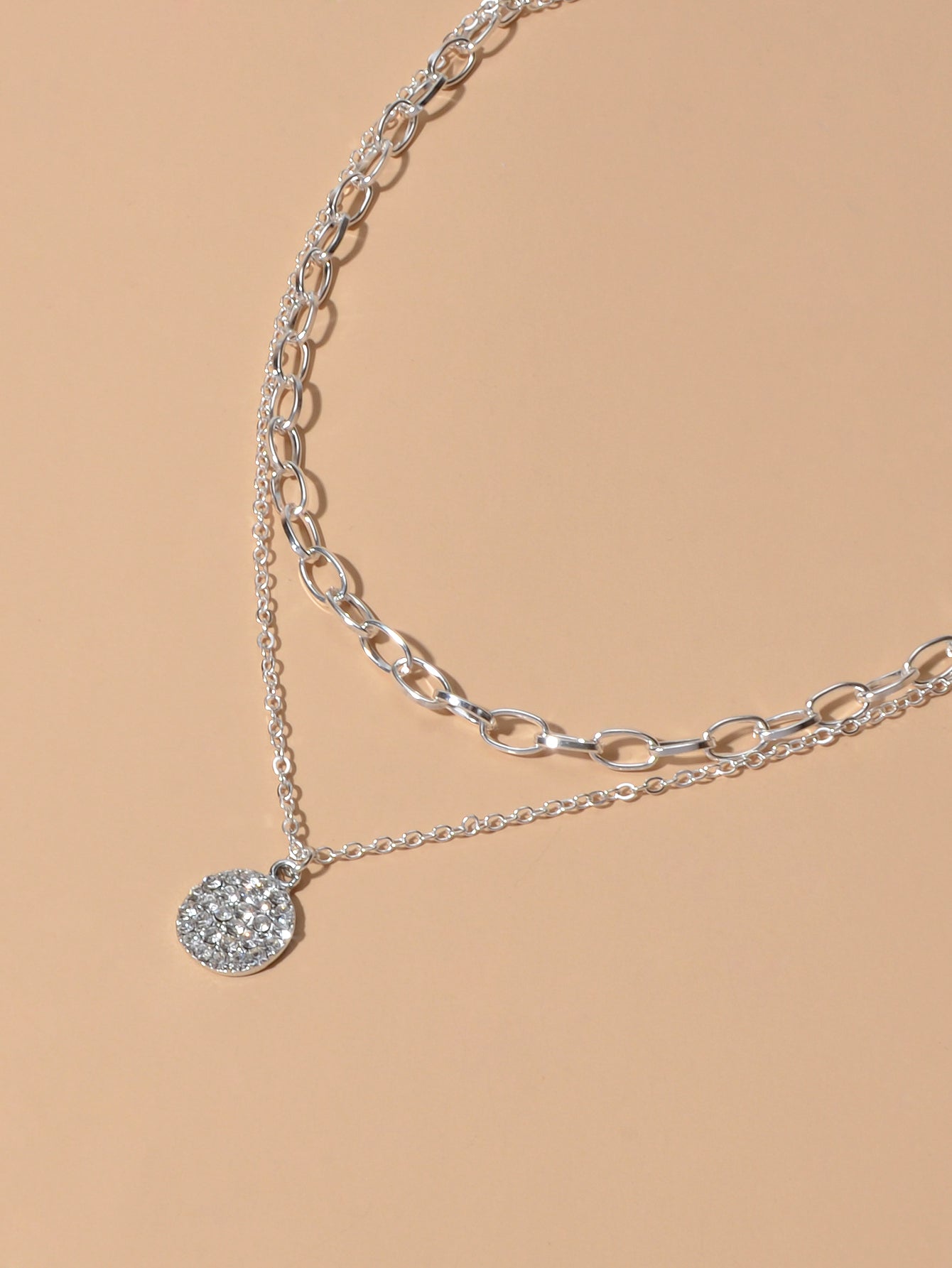 Female Jewellery Double layer Paperclip Gold Silver Chain Round Pendant Necklace