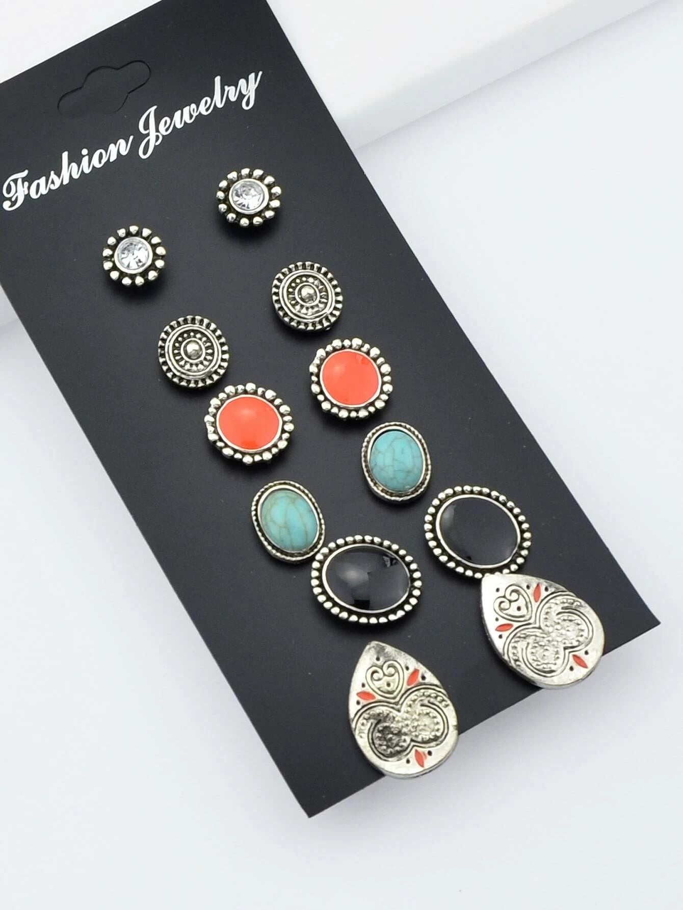 6 Pairs Designer Traditional Antique Silver Geometric Turquoise Stud Earrings