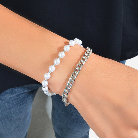 Punk Retro Double layer Silver Chain Pearl Bracelet Statement Women Accessories