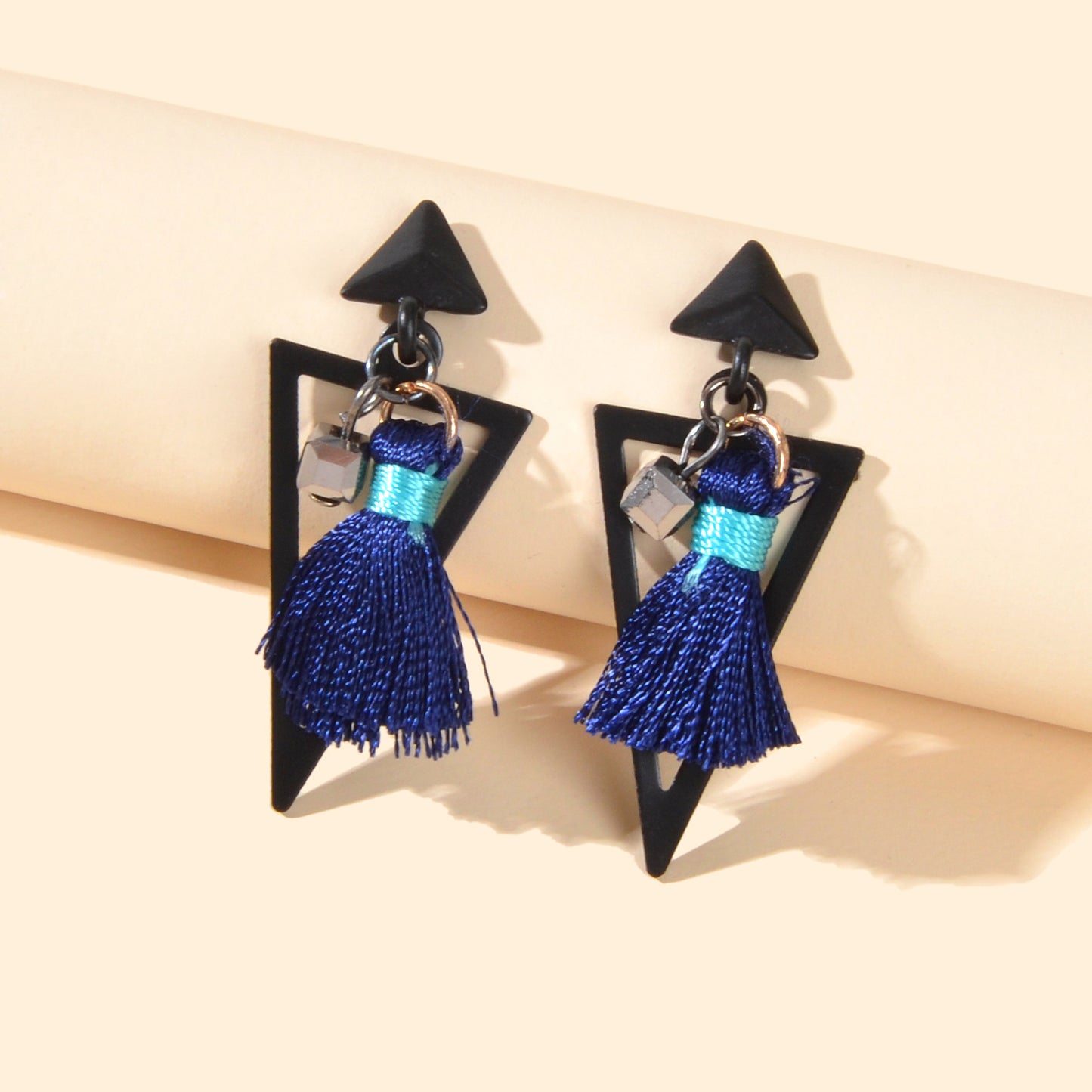 Black Triangle Blue Tassel Dangle Earrings Ethnic Traditional Jewellery Gift