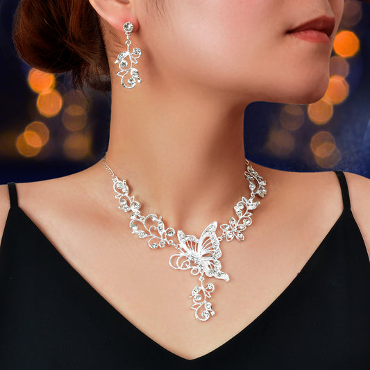 Anniversary Jewellery set Silver Flower Butterfly Collar Necklace Drop Earrings