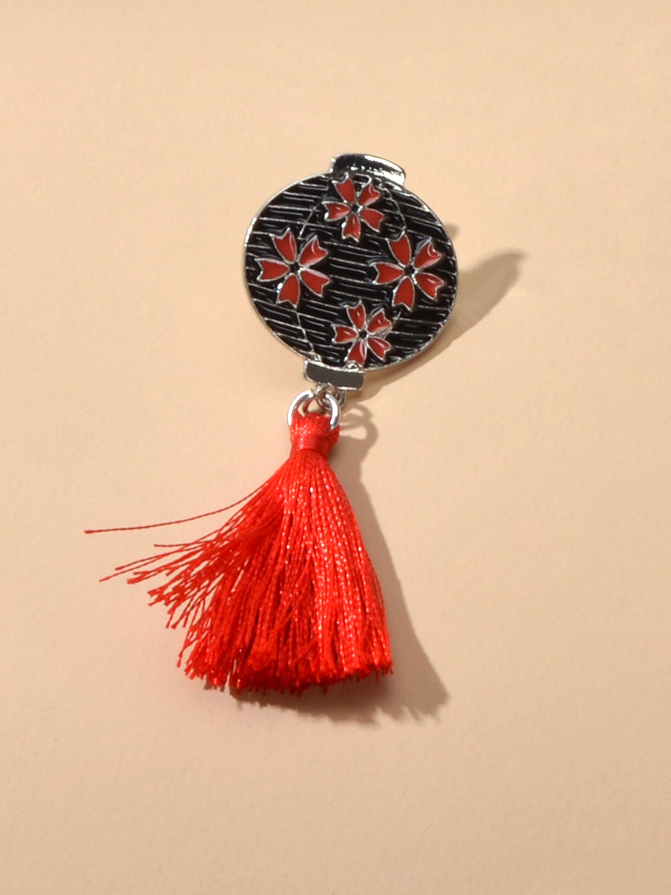 Chinese Ethnic Style Red Flower Black Lantern Brooch with Tassel Lapel Pin Badge