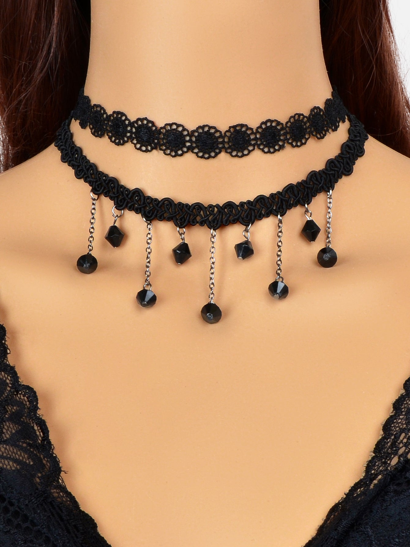 4 pcs Classic Black Gothic Tattoo Lace Chokers Beads Tassel Necklaces Party Gift