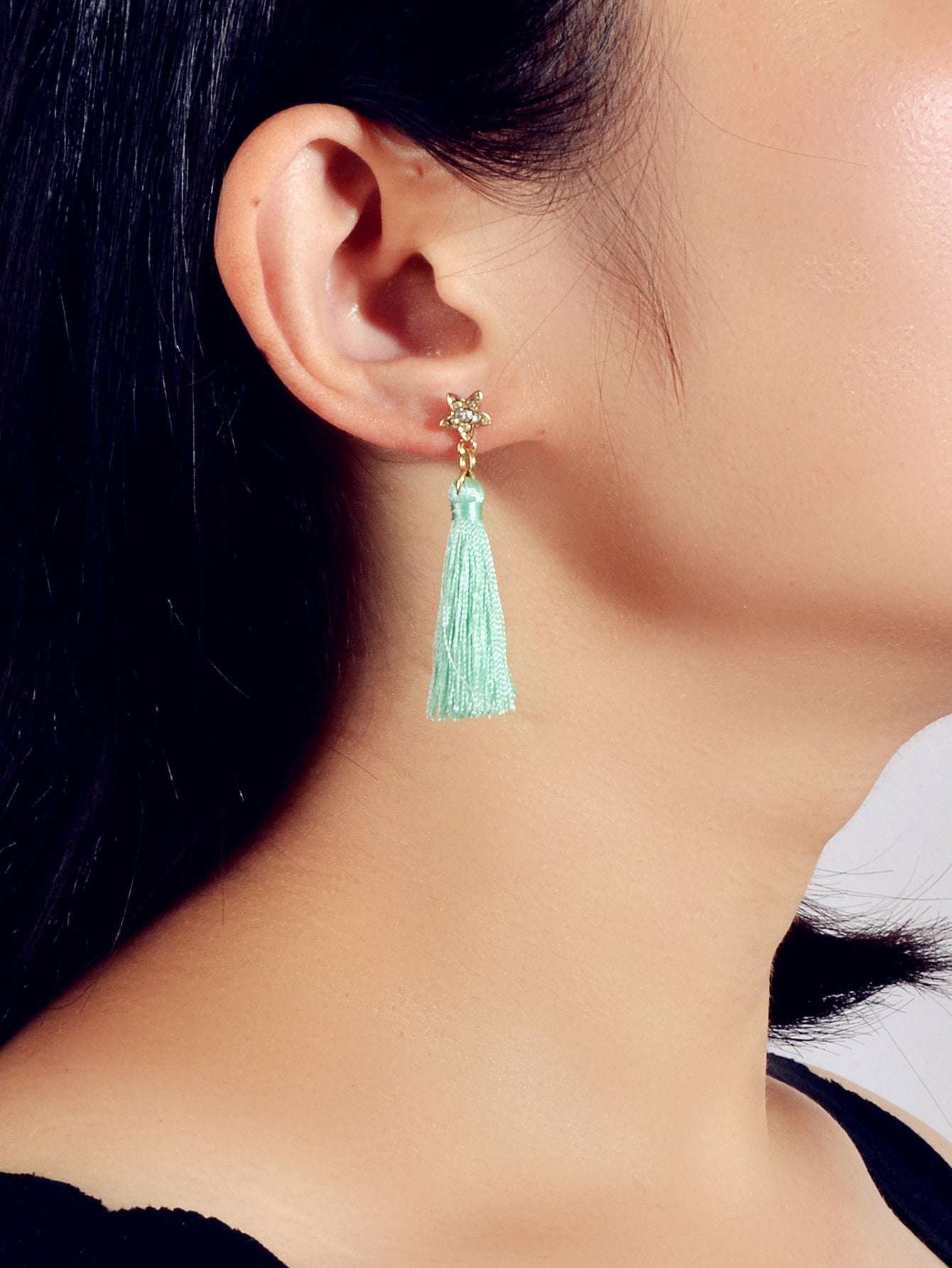 Bohemian Ethnic Jewellery Rhinestone Star Green Tassel Dangle Holiday Earrings