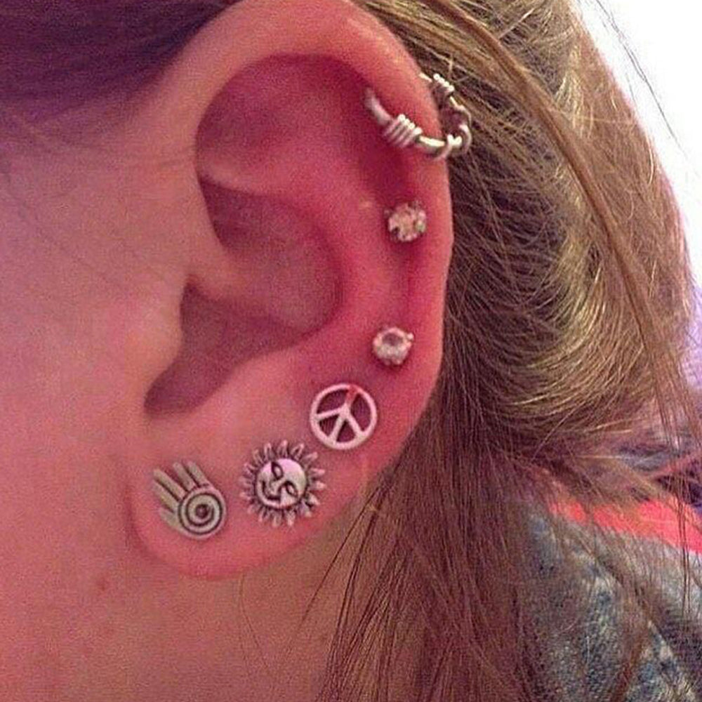 6 pcs Oxidized Intricate Antique Silver Sun Hand Vintage Stud Earrings Ear Cuff