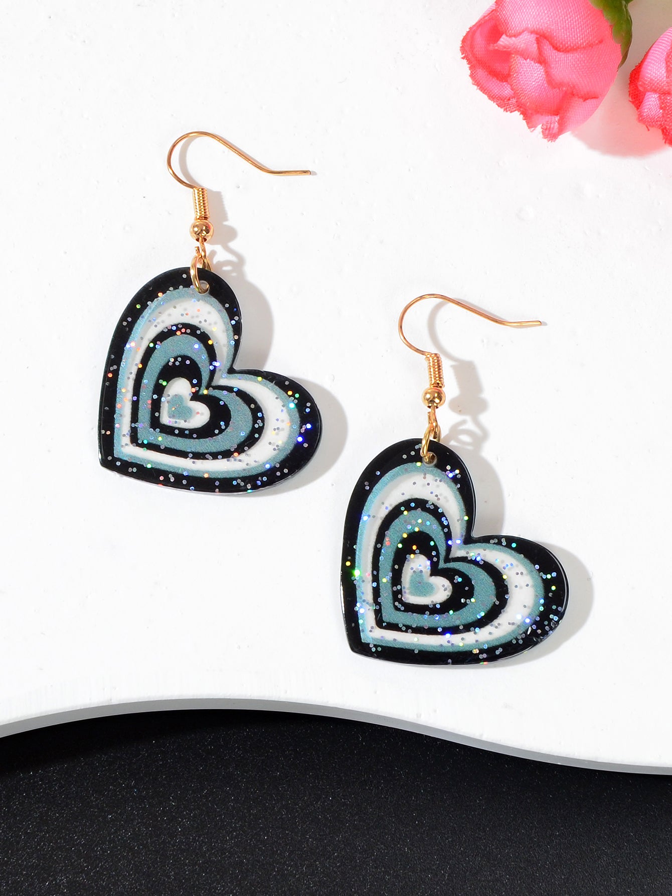 Colorful Sparkling Glittery Heart Pendant Earrings Radiant Glamour Party Jewelry
