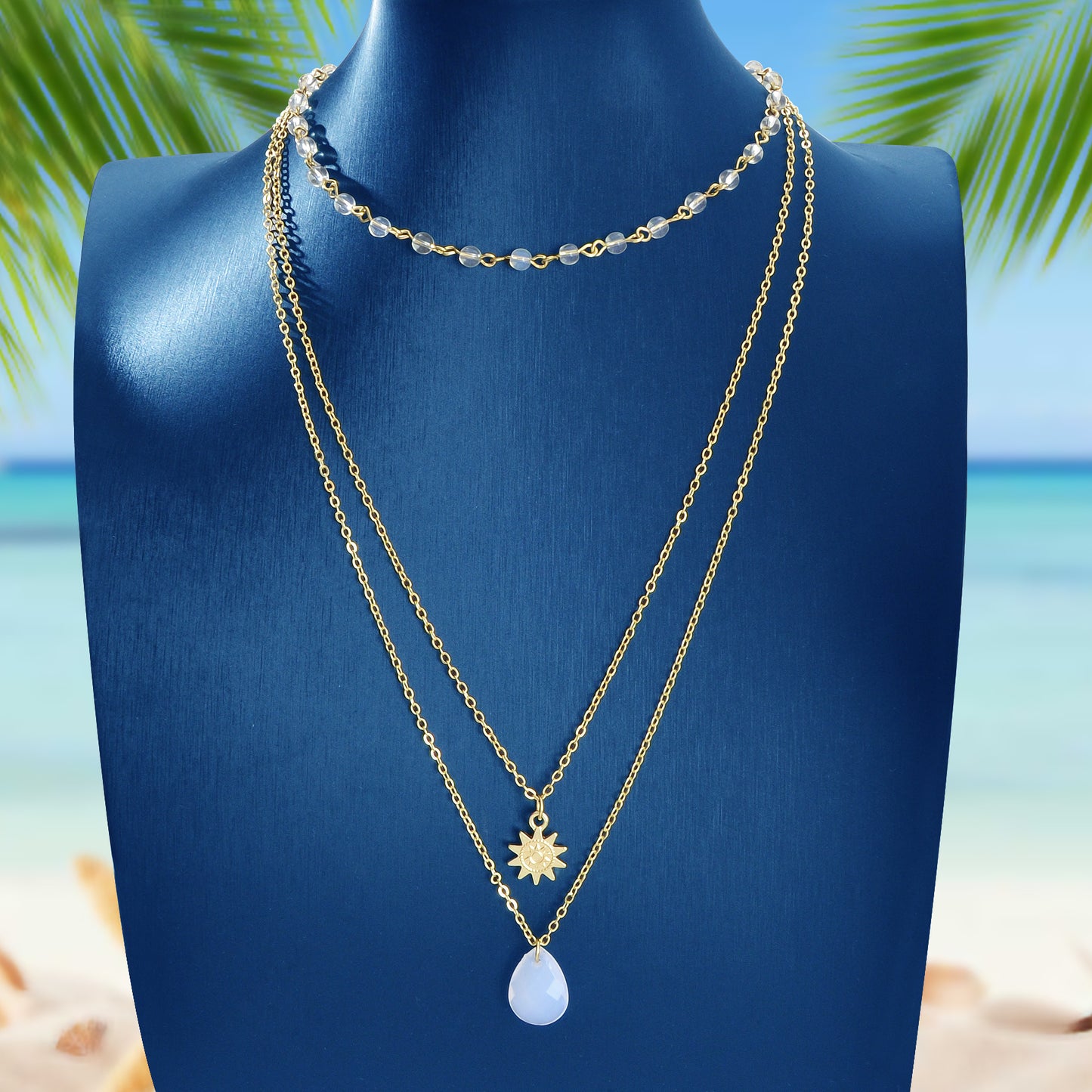 Triple Chain Star Water Drop Beads Necklace Creative Handmade Dainty Jewellery