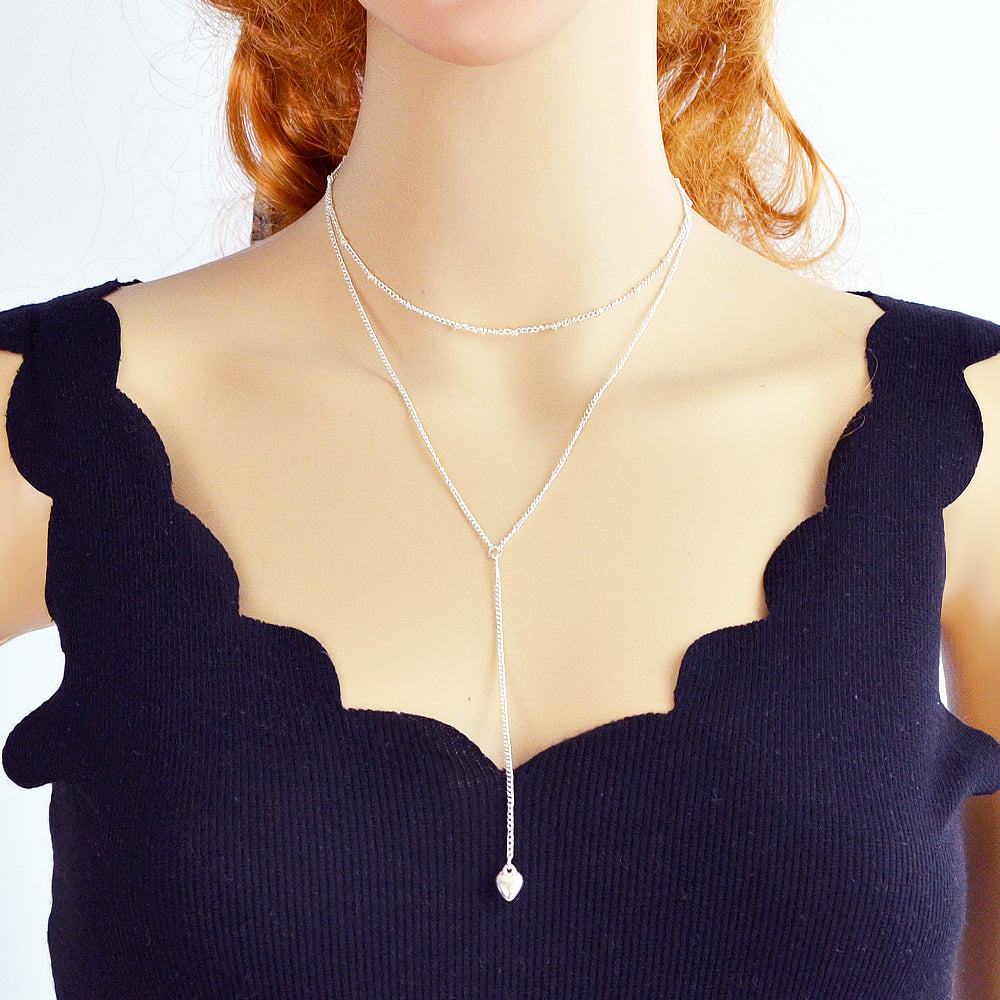 Minimalist Jewelry Gold Silver Double layer Chain Heart Pendant Y Shape Necklace