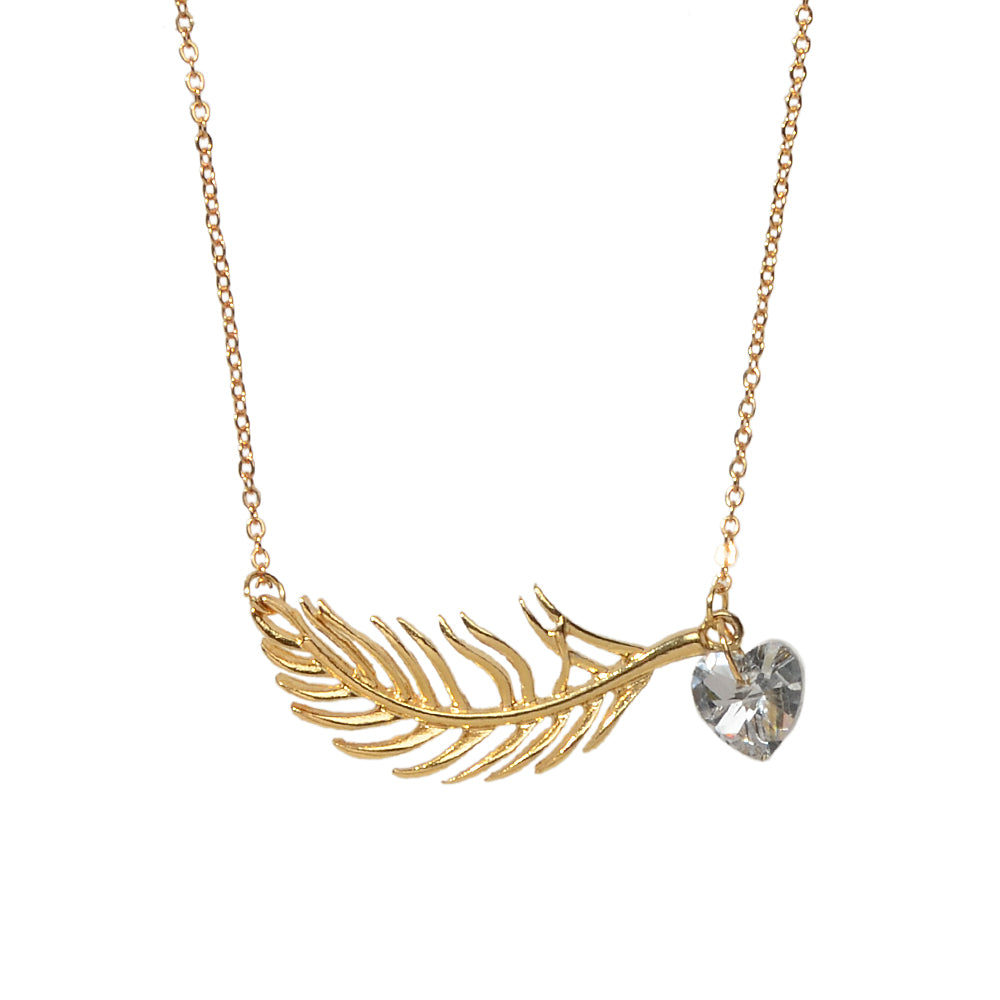 Designer Jewellery Gold Chain Heart Simulated Cubic Zirconia Feather Necklace