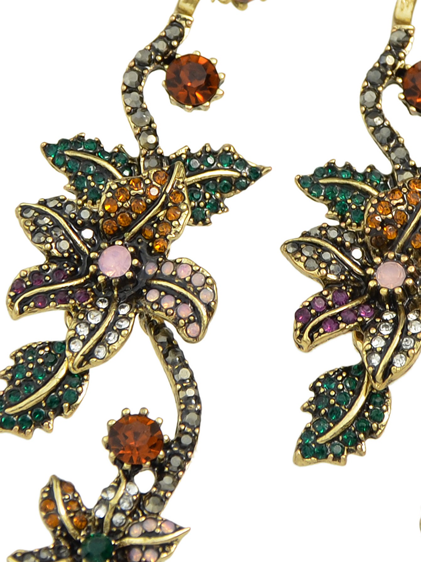 Vintage Luxurious Colourful Rhinestone Antique Gold Flower Long Pendant Earrings