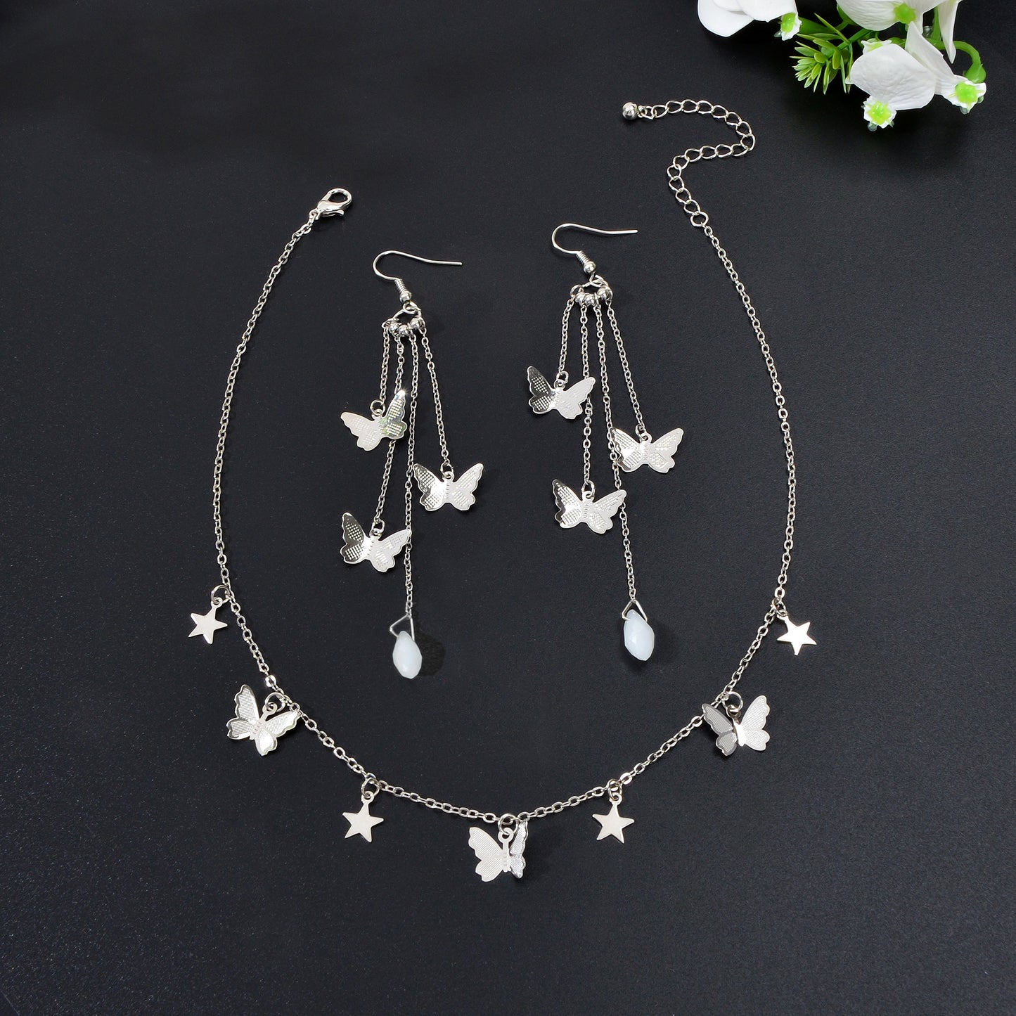 Silvery Chain Star Butterfly Charm Necklace Long Chain Tassel Butterfly Earrings Party Jewelry set