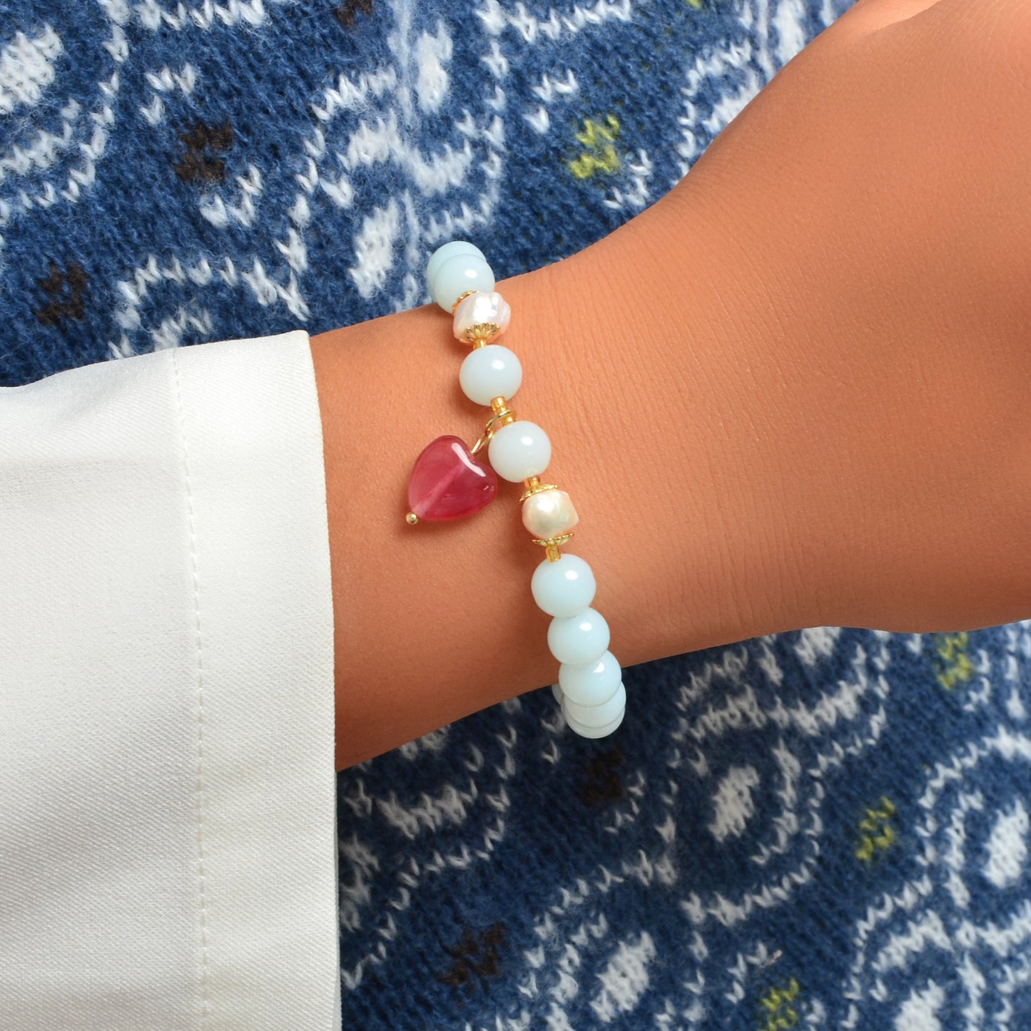 Retro Good Quality Jewellery Light Blue String Glass Beads Pink Heart Bracelet