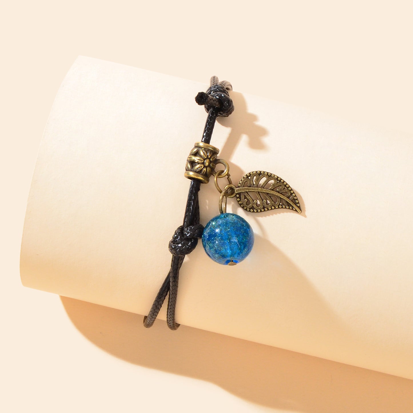 Vintage Adjustable Black Rope Hollow Leaf Blue Bead Charm Bracelet Daily Vacation Jewelry