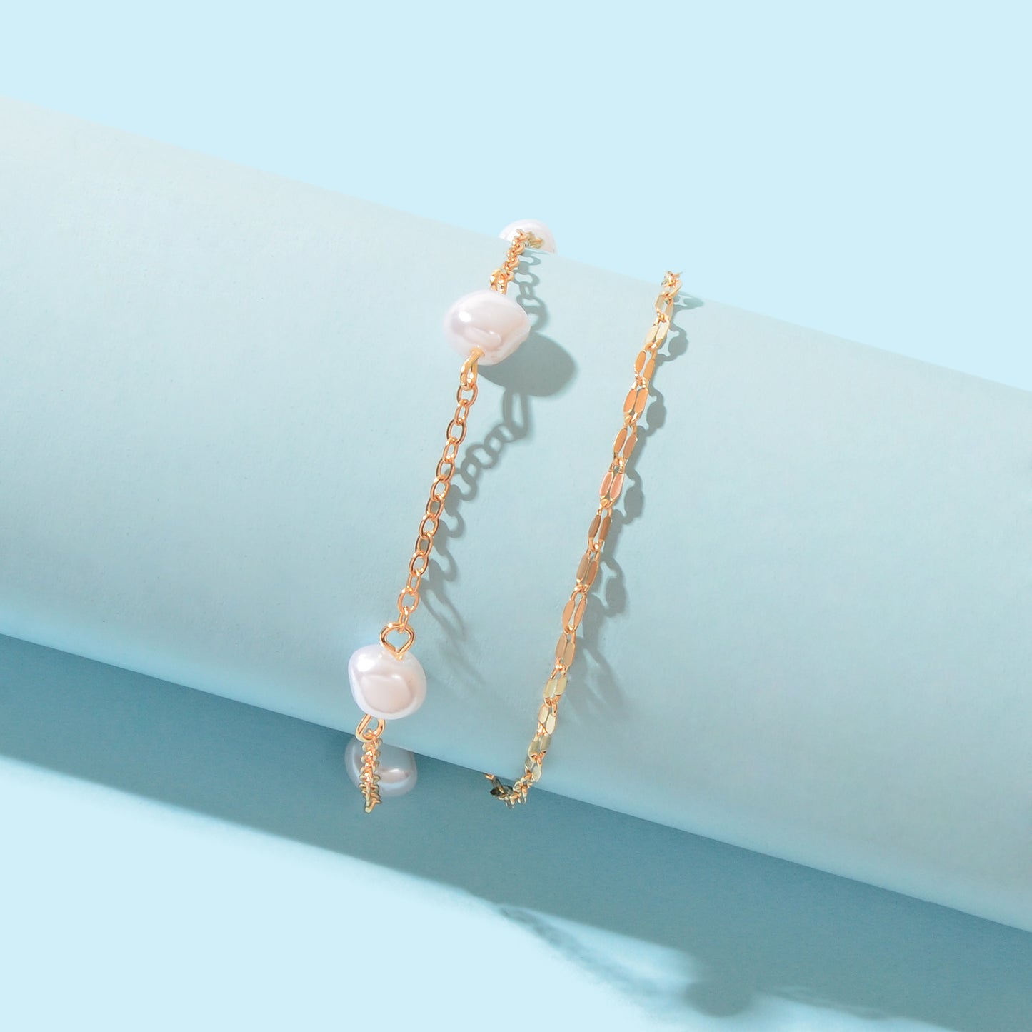Boho Chic Imitation Pearl Decor Golden Double layer Chain Anklet Adjustable Foot Jewelry