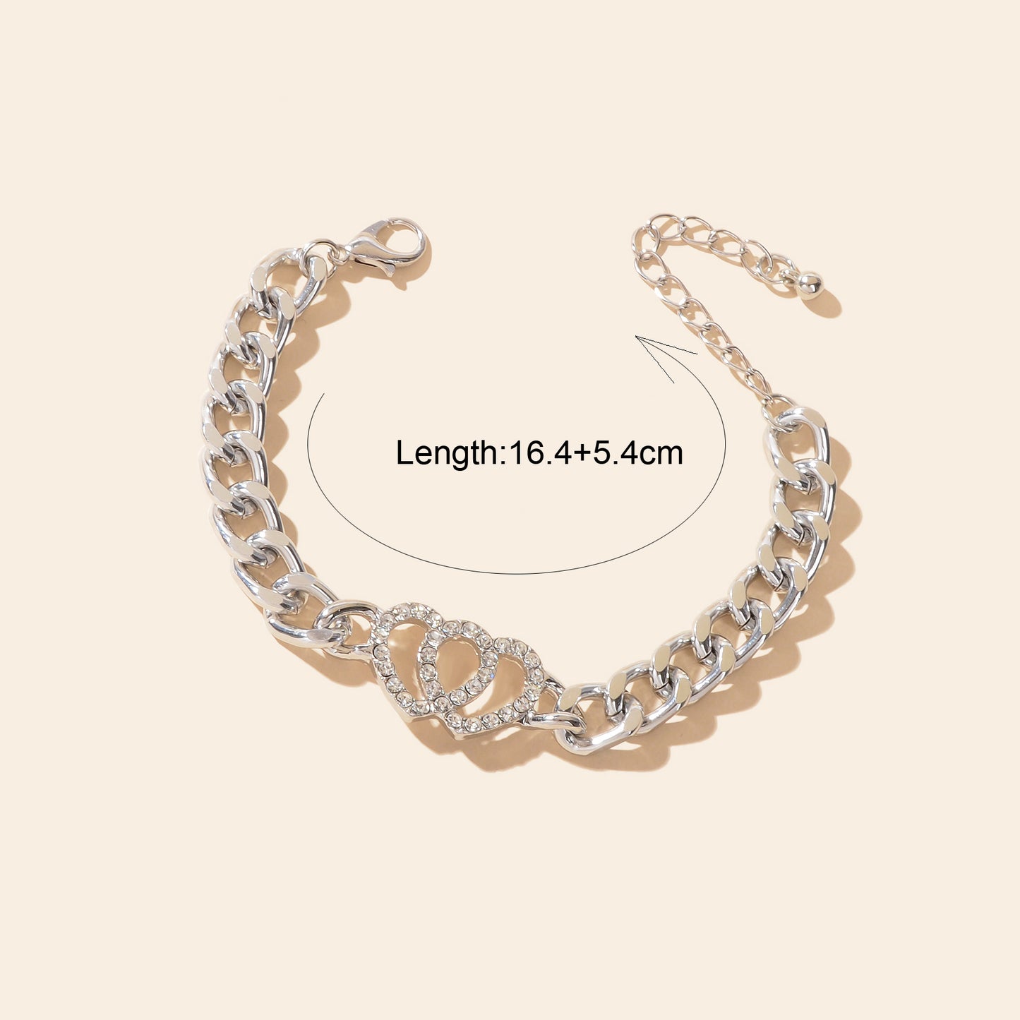 Fashion Jewelry Silvery Thick Chain Rhinestone Heart Decor Bracelet for Women