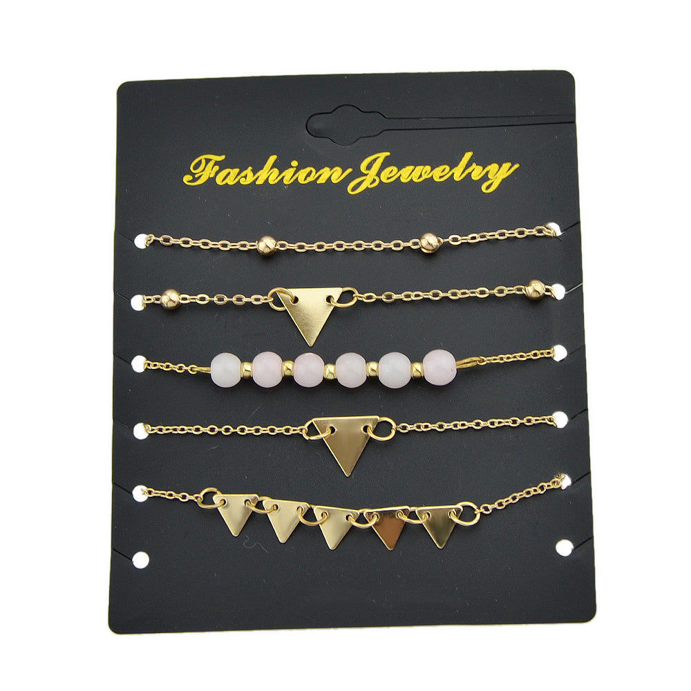 5pcs Gold Color Chain Pink Beads Triangle Decor Bracelet set Boho Chic Jewellery