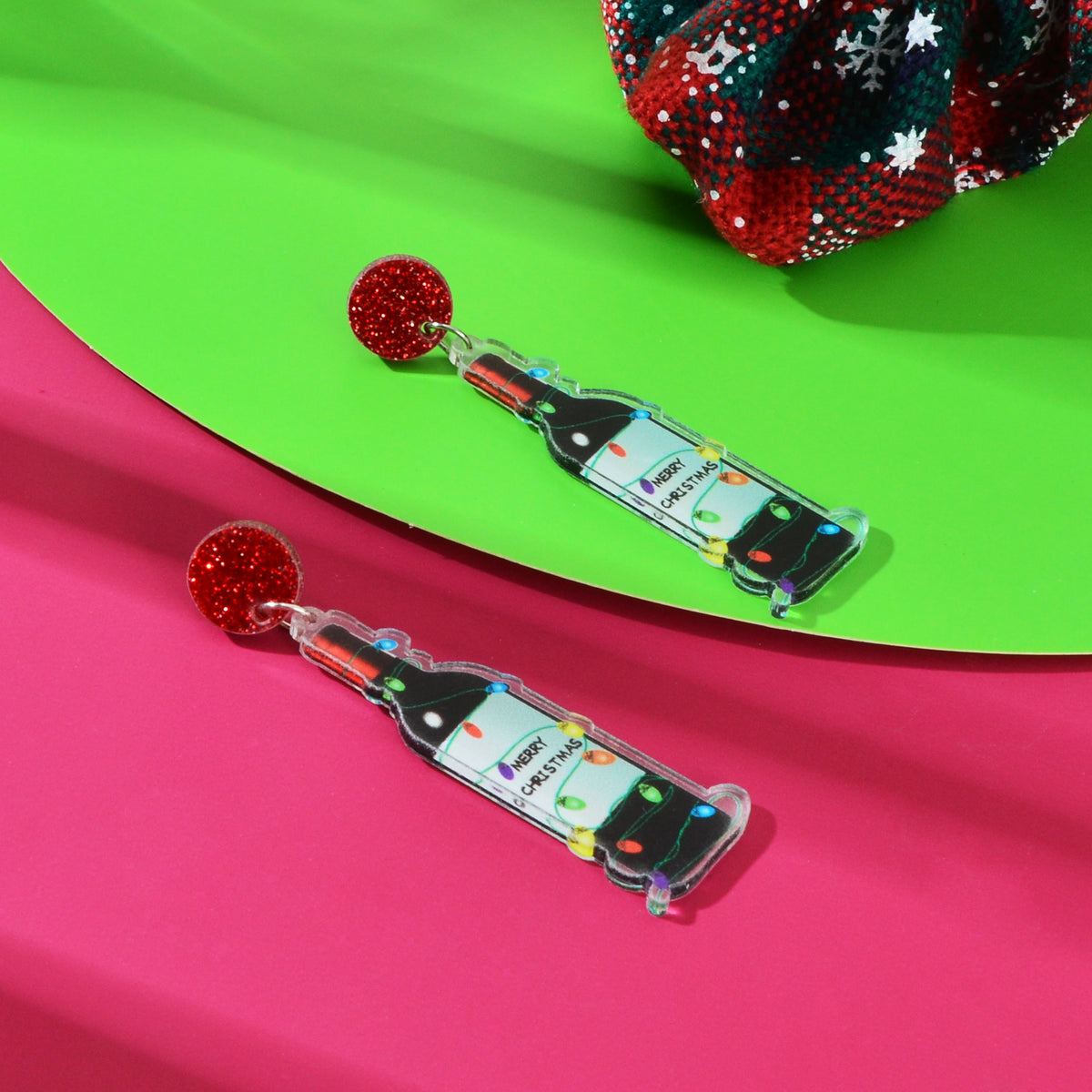 Merry Christmas Festival Jewelry Acrylic Light String Twine Wine Bottle Earrings