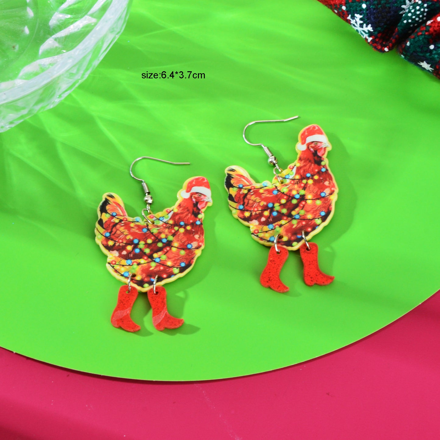 1pair Christmas Coloured Lights Decor Red Big Cock Acrylic Dangle Earrings Women Festival Jewelry