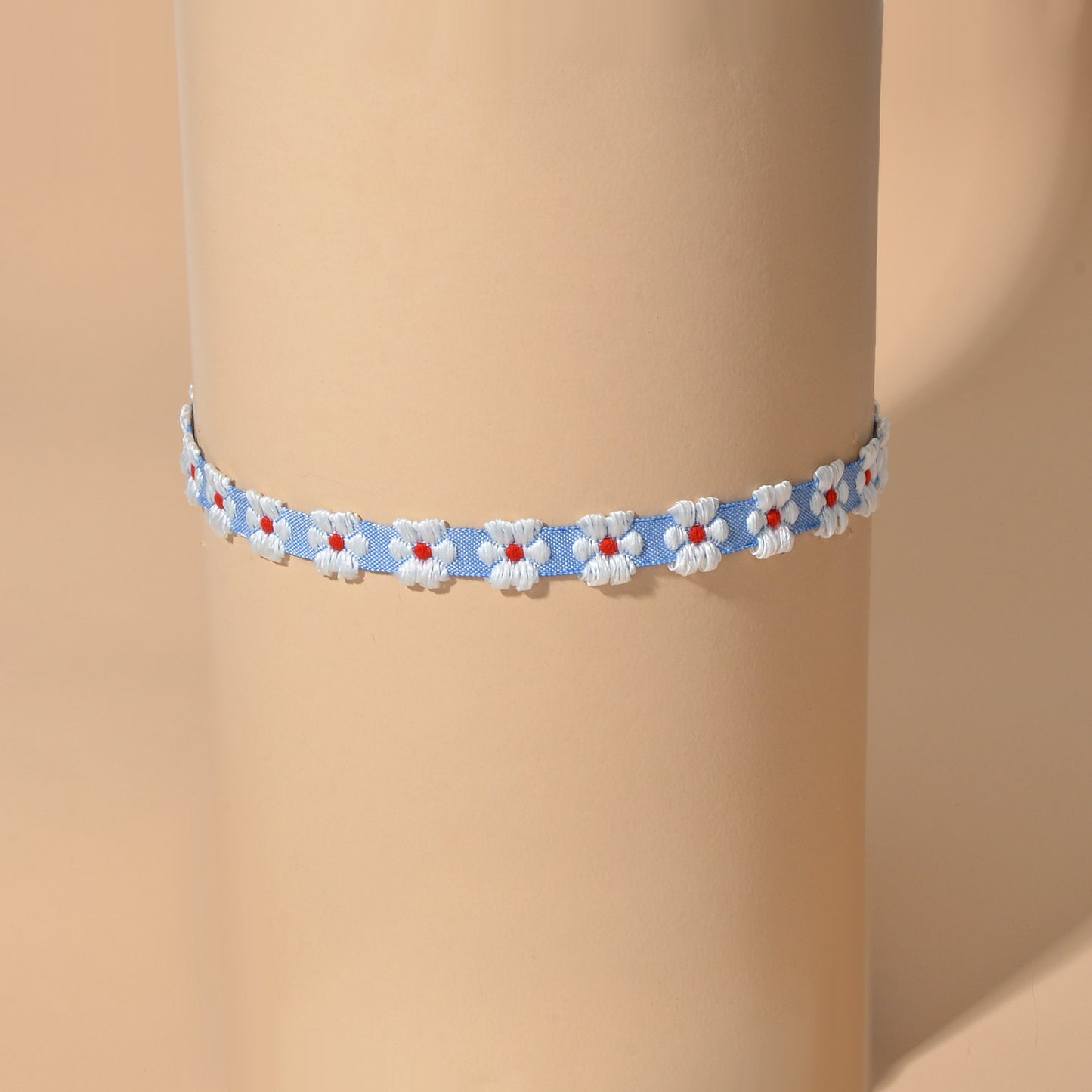 Retro Style 90s Blue Ribbon White Flower Tattoo Choker Necklace Short Collar