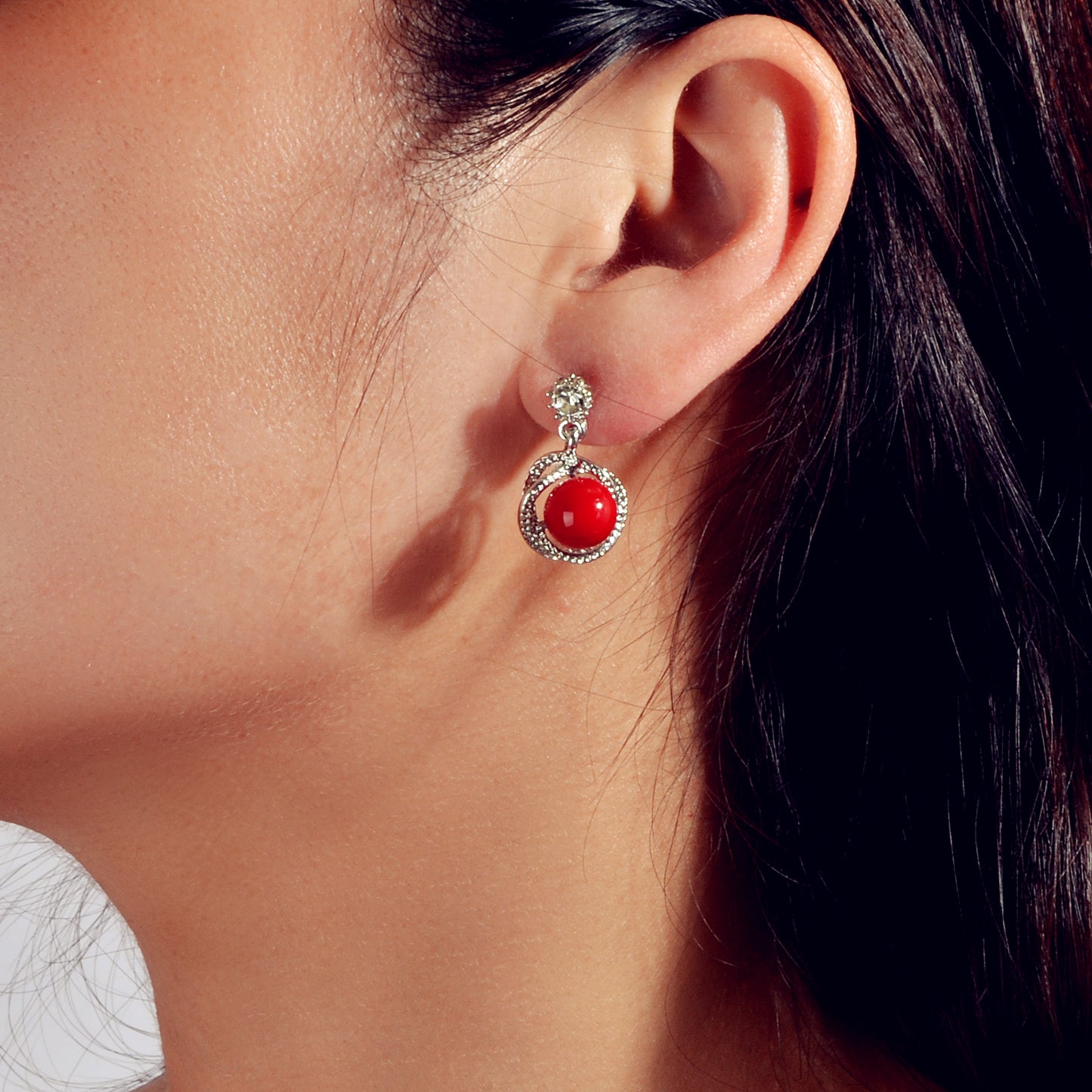 Red White Beads Rhinestone Decor Round Drop Party stud Earrings Women Retro Jewellery