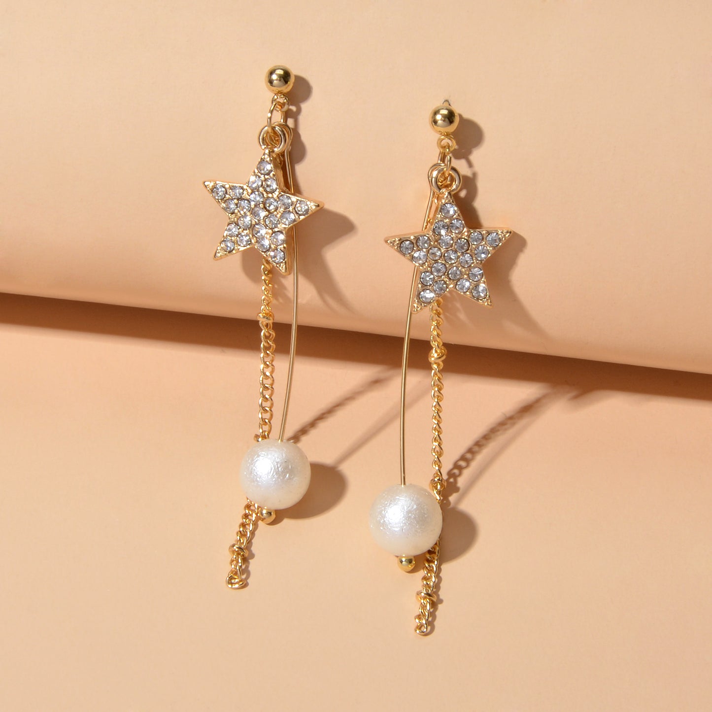 Party Decoration Women Full Rhinestone Star Long Gold Chain Pendant Earrings