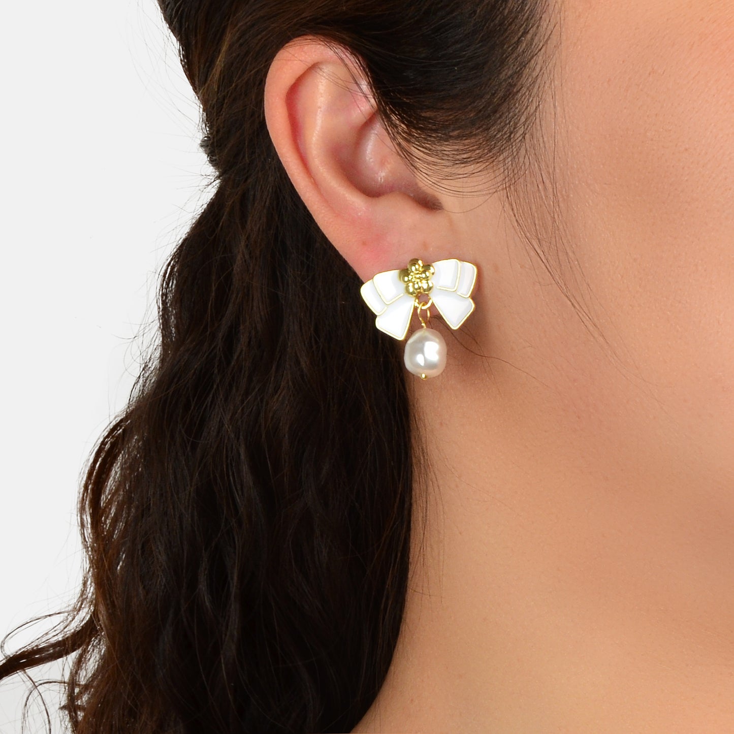 Retro Jewellery Pearl Charm White Black Enamel Bow Tie Hypoallergenic Earrings