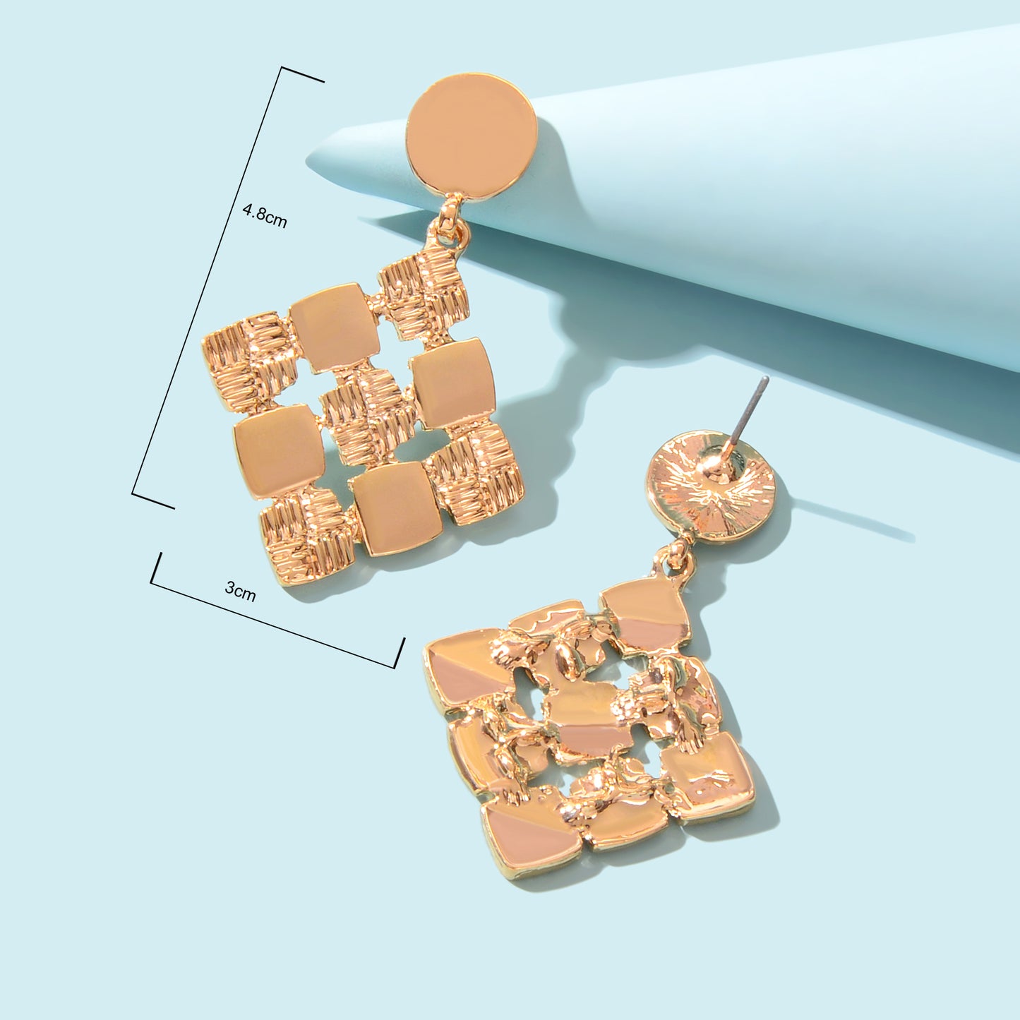 Fashion Ladies Jewelry Gold Plated Square Geometric Charm Pierced Stud Earrings