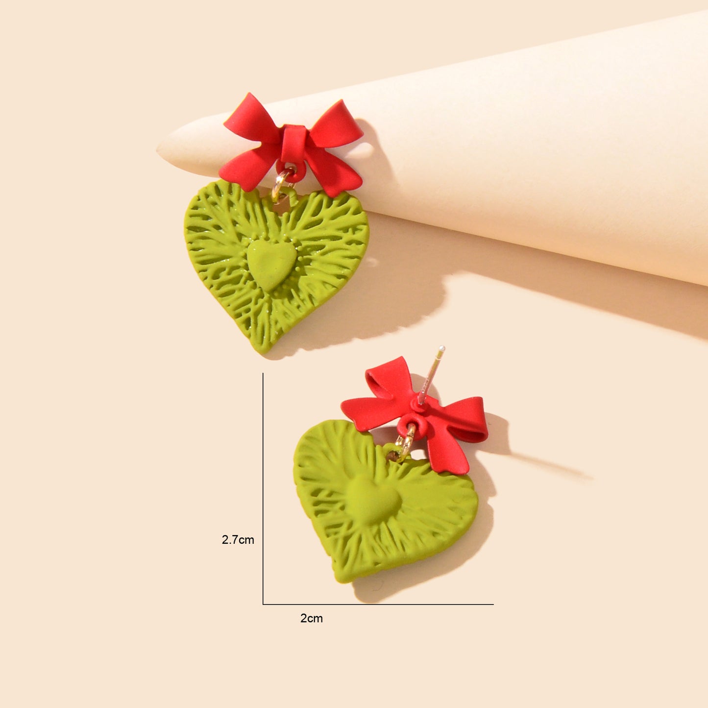 Fresh Sweet Red Bow Green Hollow Carved Heart Earrings Party Dating Jewelry Birthday Gift