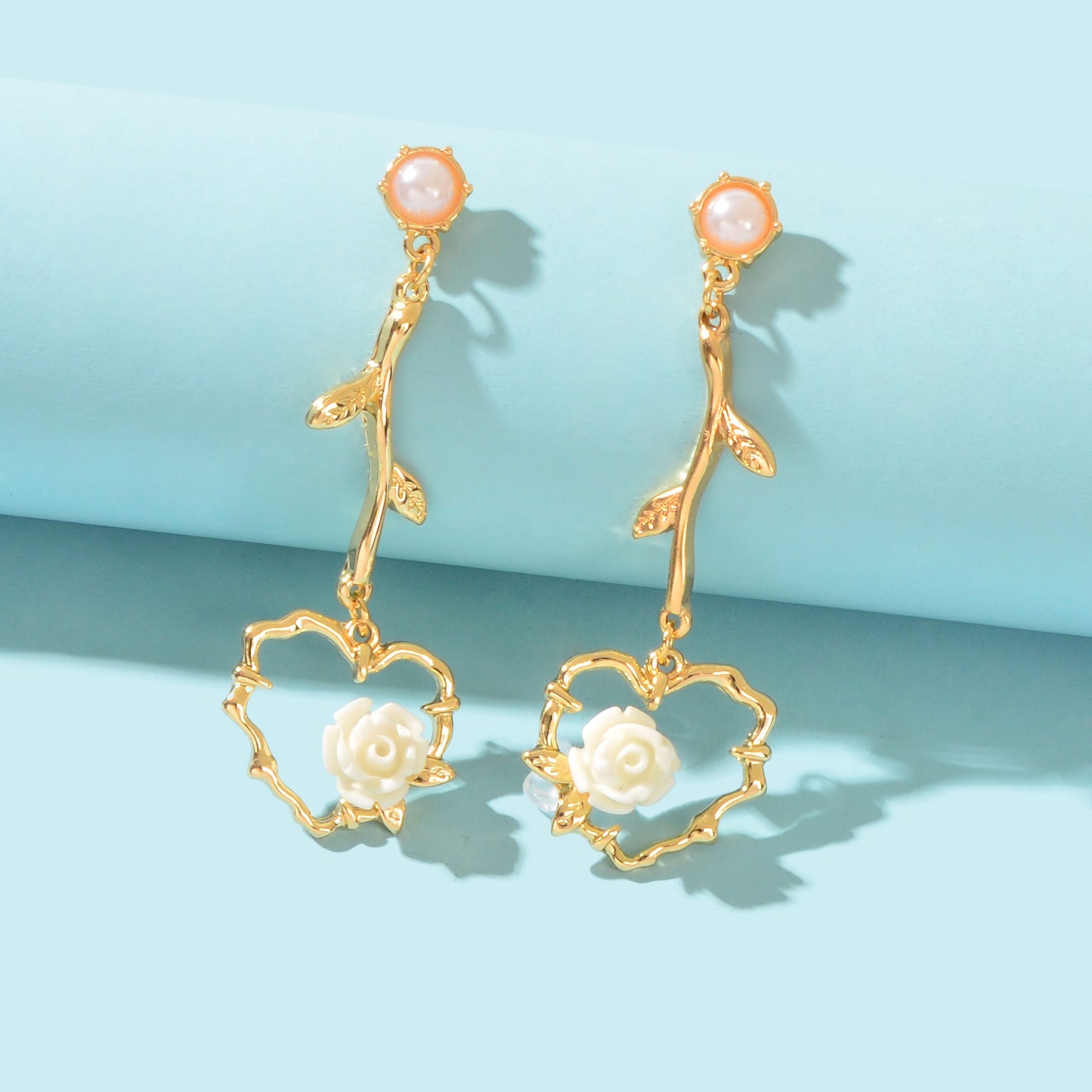Elegant Imitation Pearl Decor Rose Flower Heart Dangle Earrings Anniversary Engagement Wedding Delicate Jewellery
