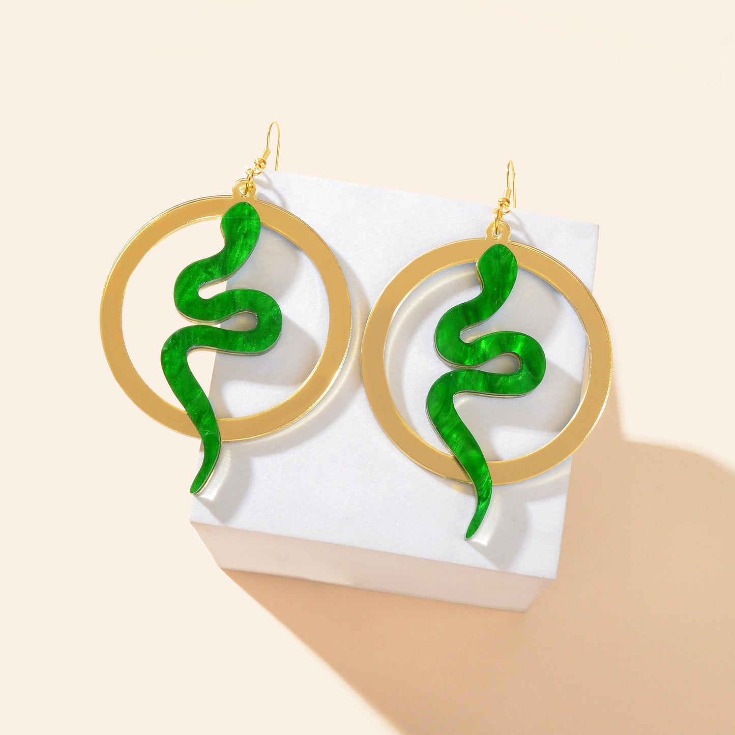 Funky Jewelry Golden Circle Green Snake Acrylic Dangle Earrings Fashion Accessories