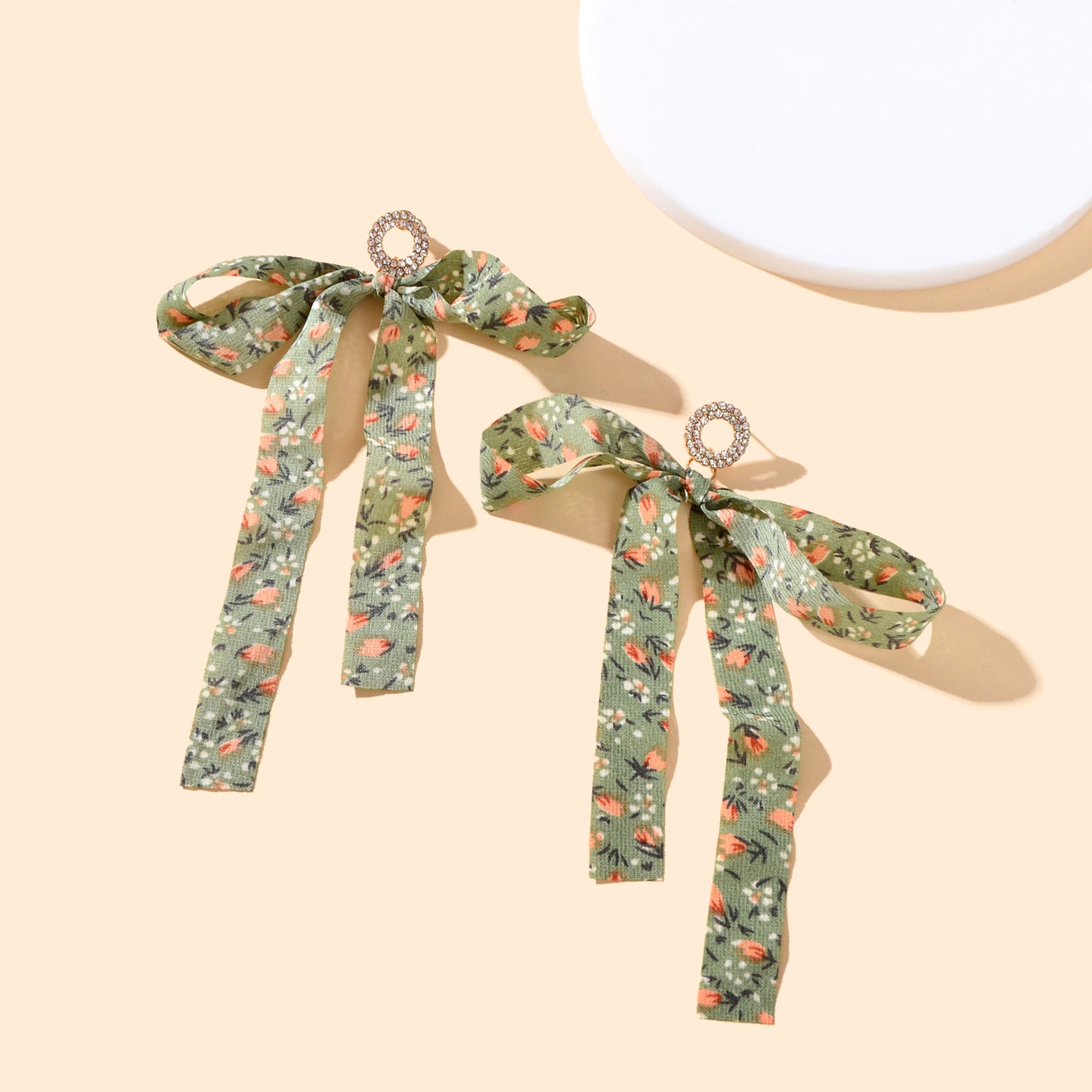 Rural Rhinestone Circle Flower Pattern Fabric Bow Dangle Earrings Beach Vacation Photoshoot Jewelry