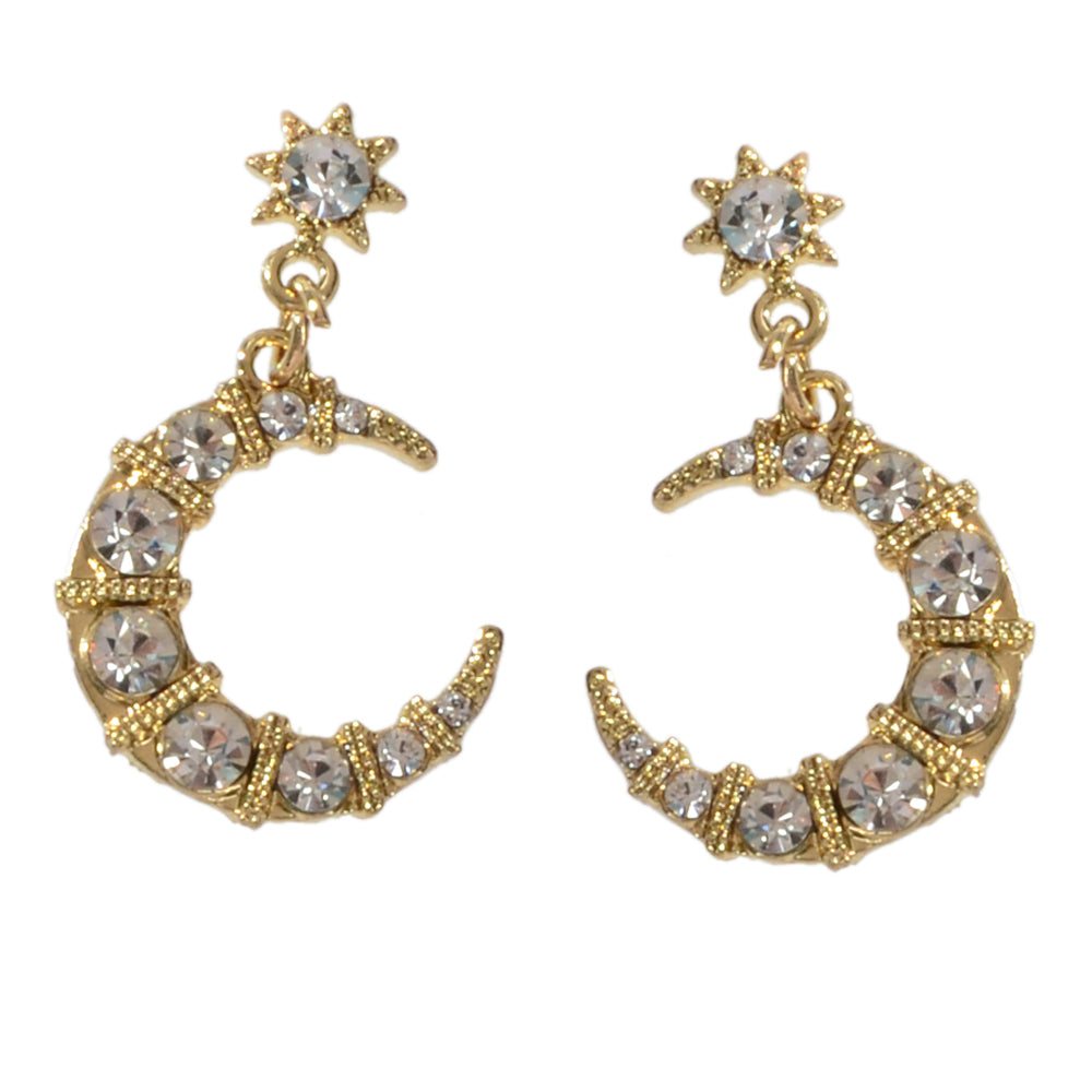 Textured Luxury Full Rhinestone Star Moon Dangle Earrings Wedding Gift Jewellery