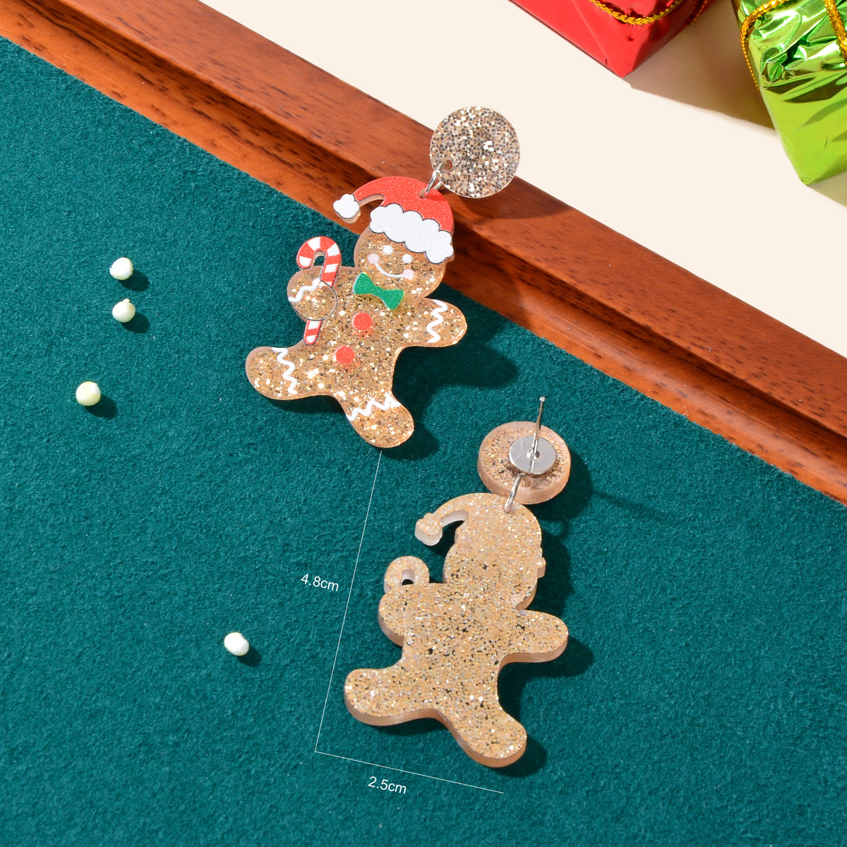 Christmas Gift Sparkling Acrylic Gingerbread Man with Candy Cane Dangle Earrings
