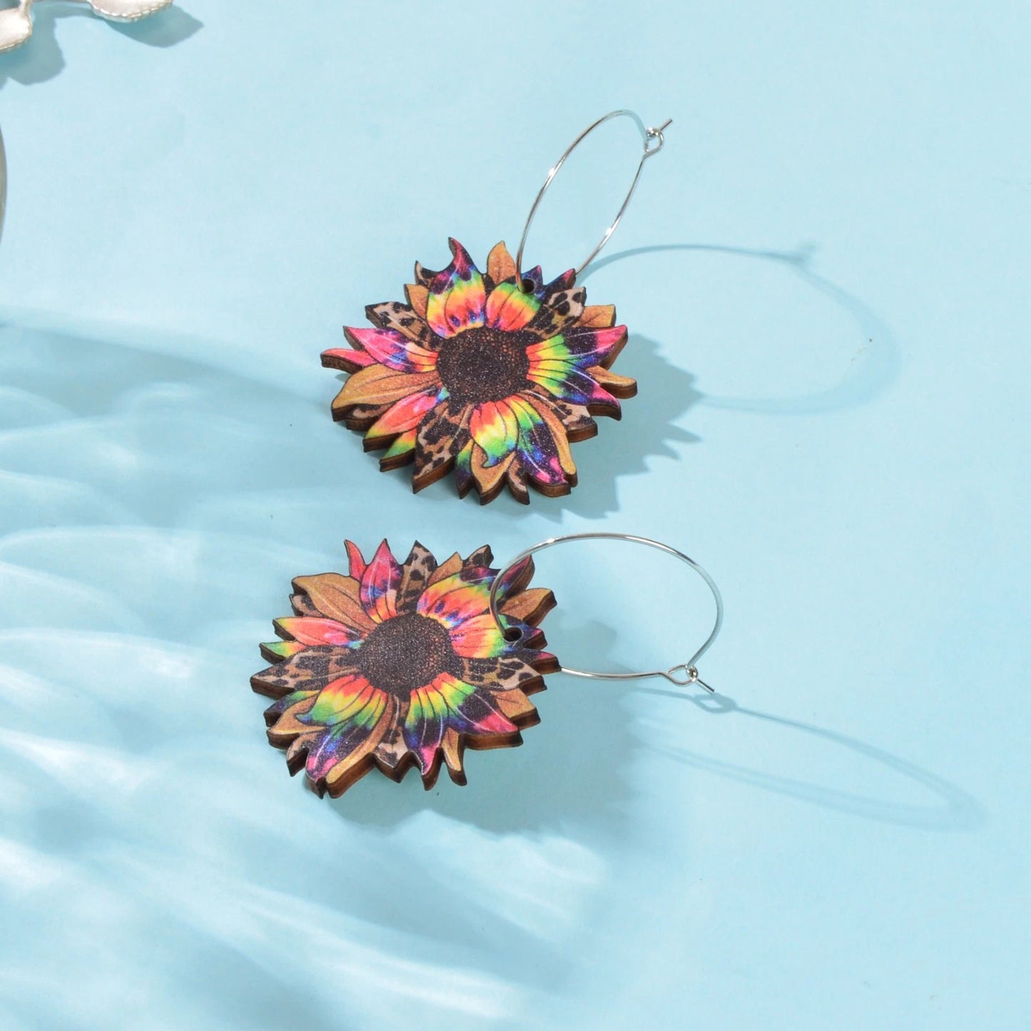 Bohemian Colorful Sunflower Pattern Wood Dangle Earrings Holiday Jewellery