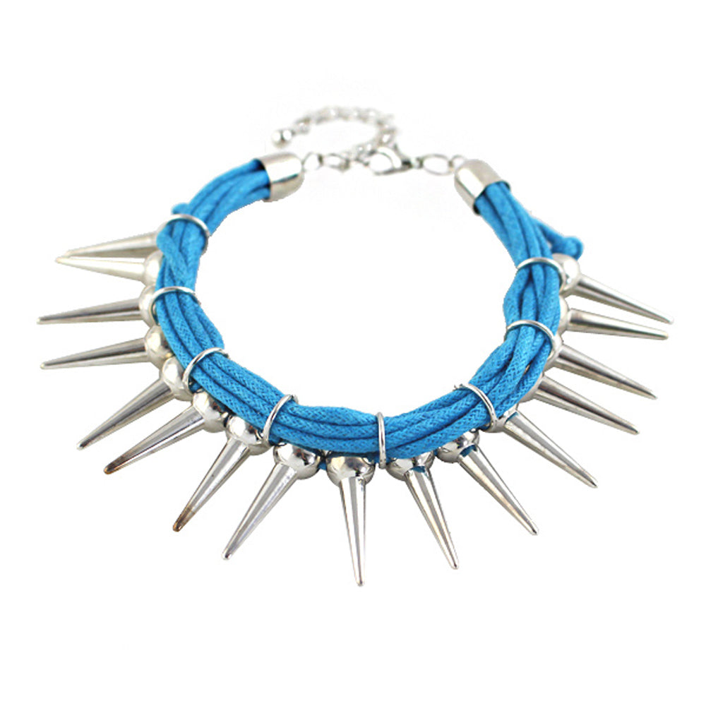 Grunge Punk Rock Jewelry Blue Pu Leather Multi-layer Chain Silver Spike Bracelet