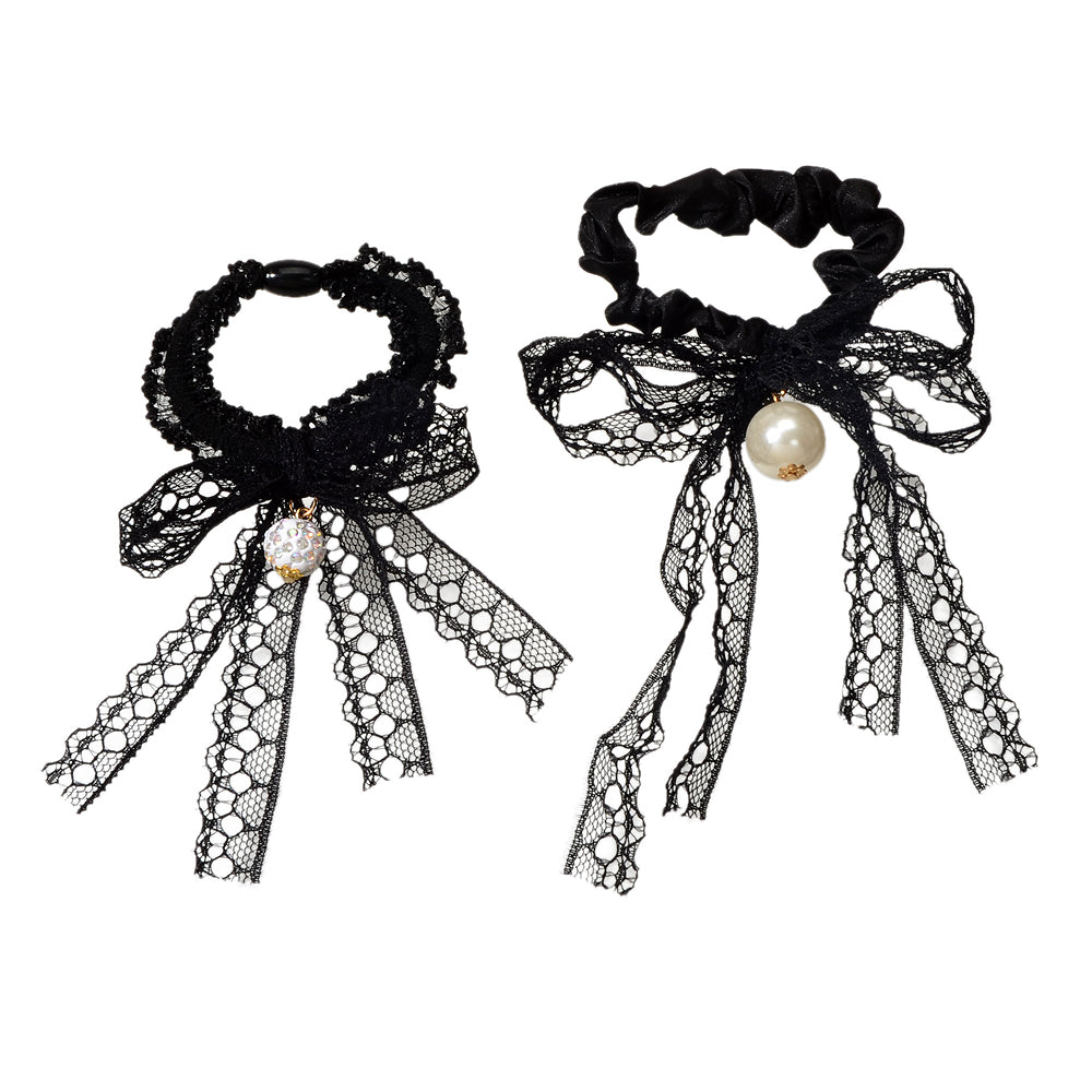 2pcs Black Lace Bead Elastic Bowknot Hair Ties Ropes Women Girl Hair Accessories