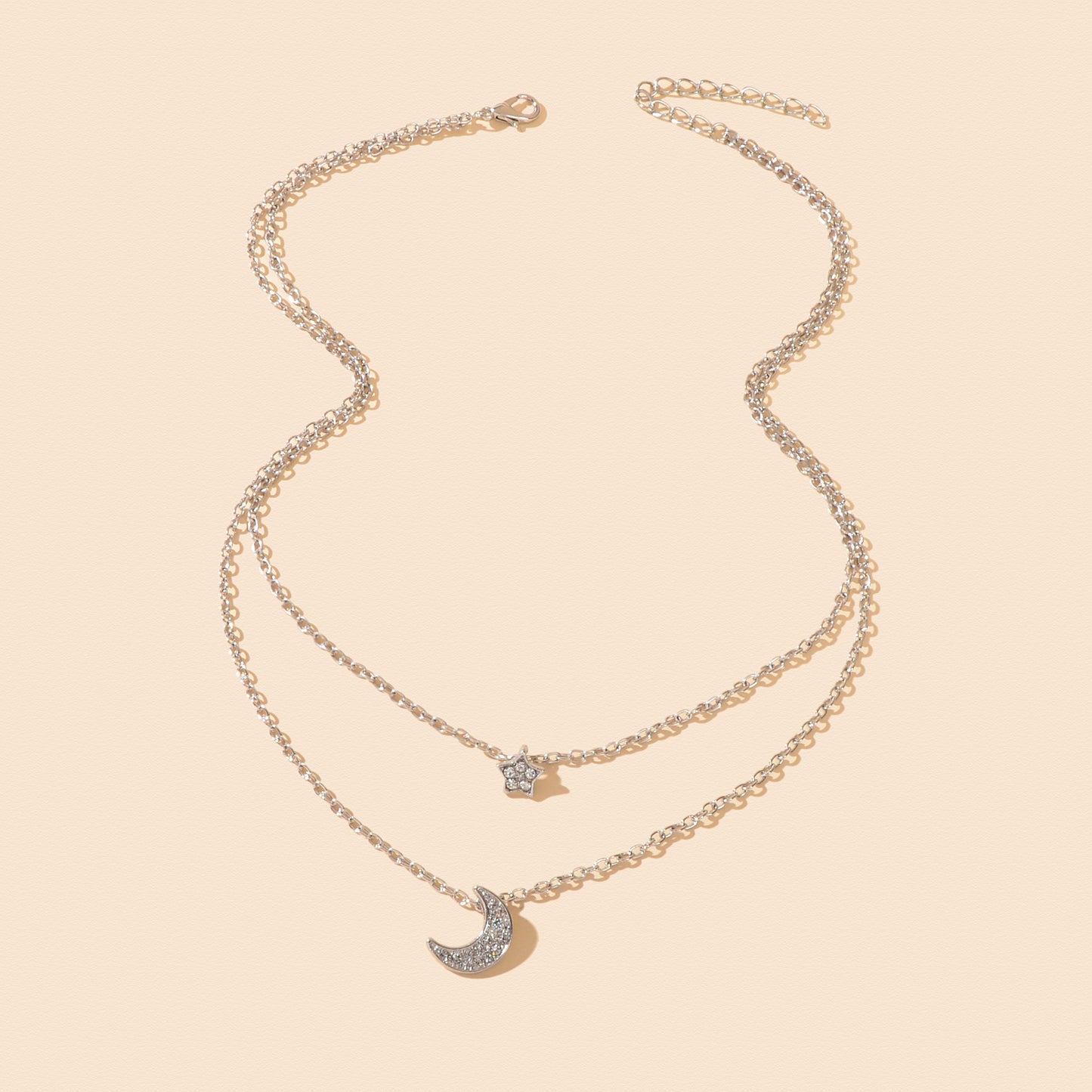 Dainty Silvery Layered Chain Rhinestone Decor Moon Star Pendant Necklace Women Daily Dating Birthday Gift Jewelry