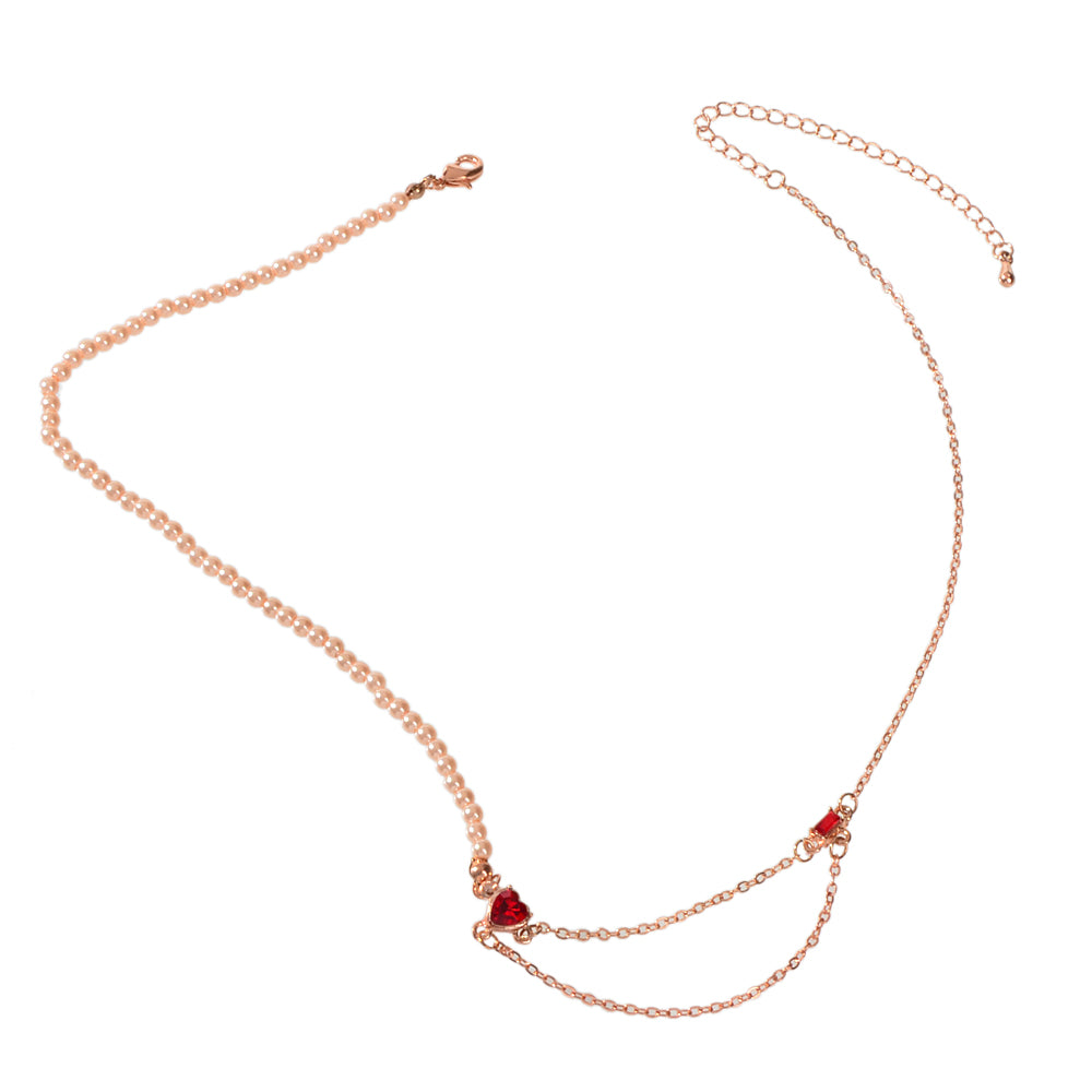 Perfect Engagement Gift Rosegold Chain Pearl Heart Sqaure Red Crystal Necklace