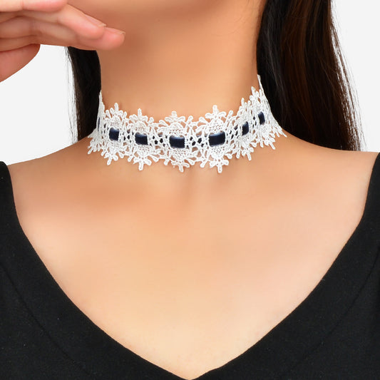 Vintage White Lace Choker Long Grey Velvet Tied Festival Party Choker Necklace