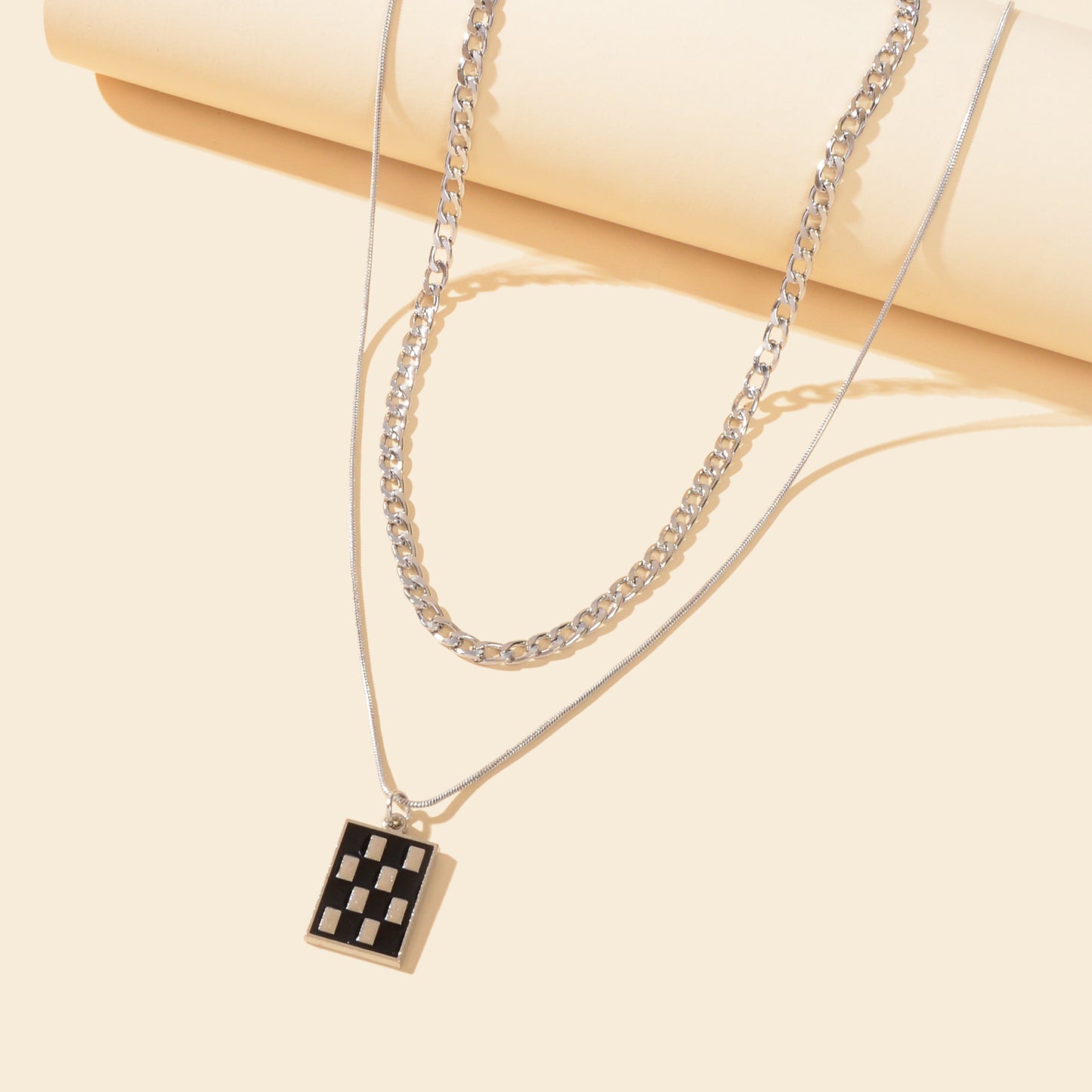 Street Double Layer Silvery Chain Black Silver Checkered Rectangle Geometric Pendant Necklace School Daily Accessory