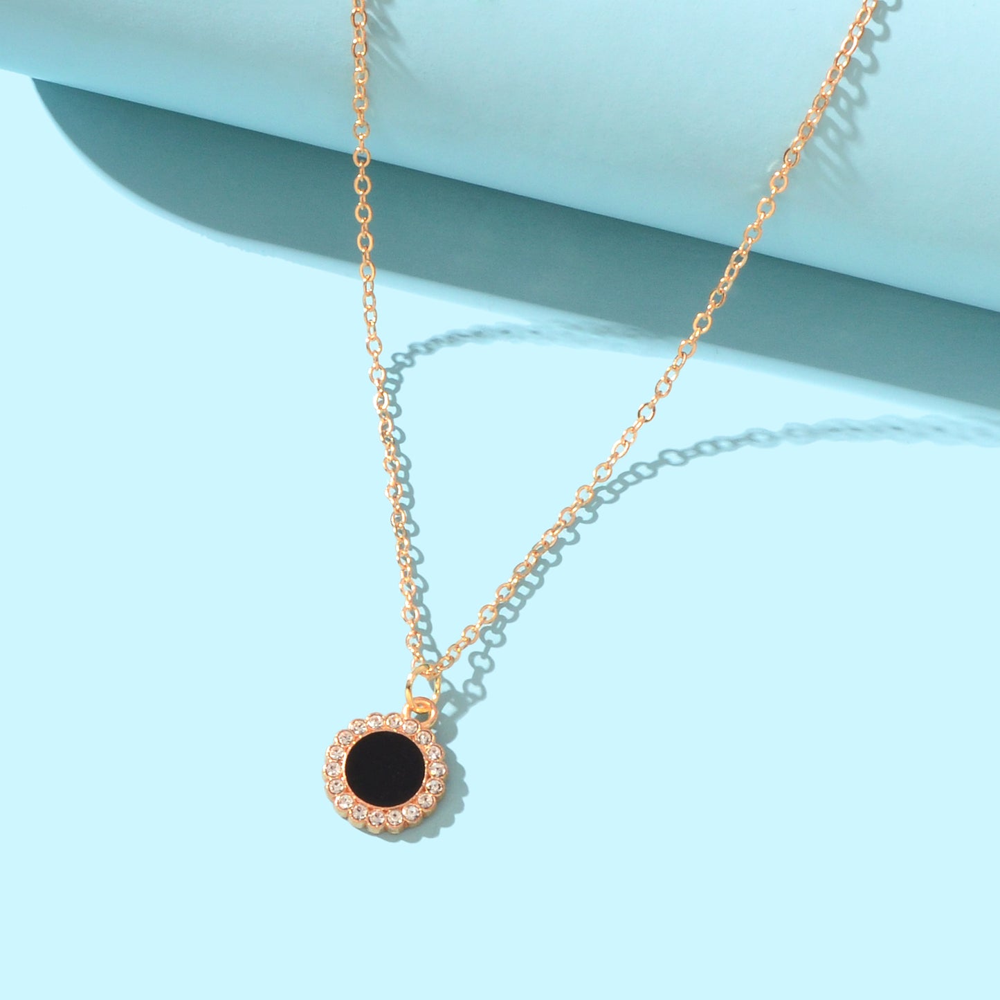 Golden Chain Rhinestone Decor Black Round Pendant Necklace Anniversary Jewelry