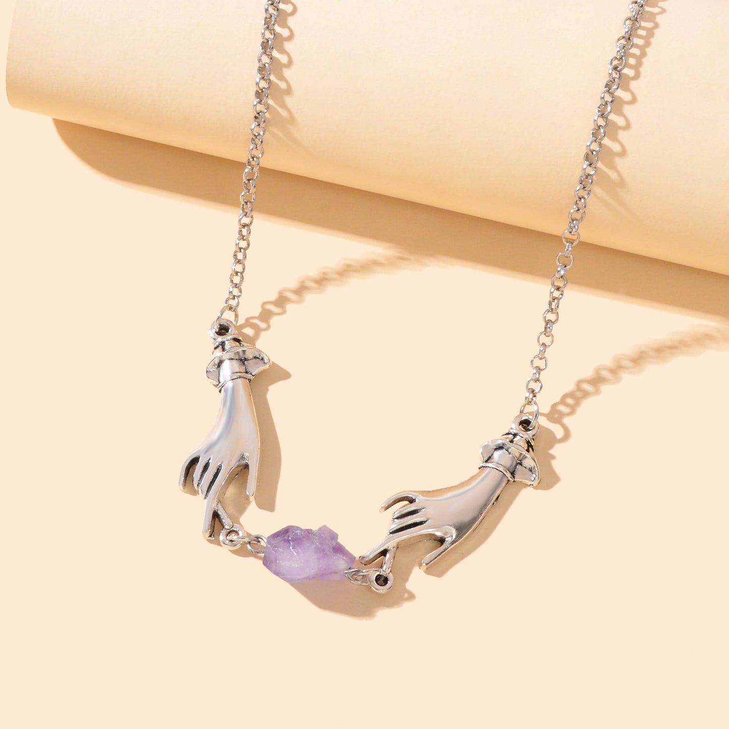 Personality Silvery Chain Witch Hand Purple Stone Pendant Necklace Halloween Costume Party Cosplay Jewelry