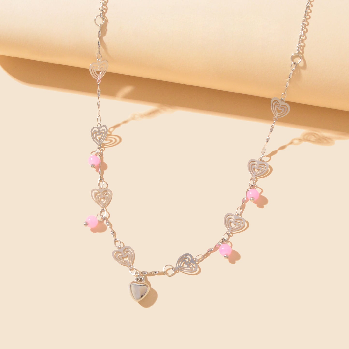 Gift Jewelry Pink Beads Decor Silvery Chain Heart Pendant Necklace Fashion Accessories